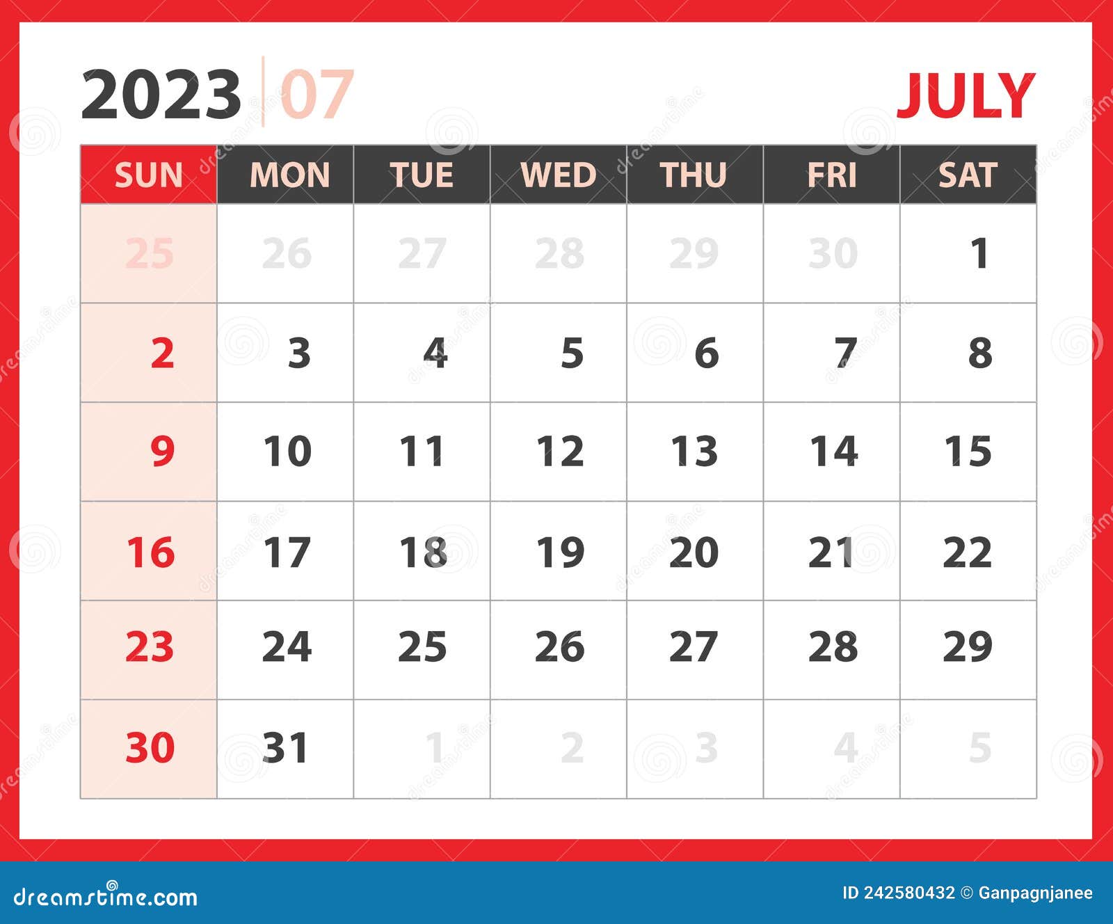 july 2023 template, calendar 2023  , planner layout, week starts sunday, desk calendar 2023 template, wall calendar