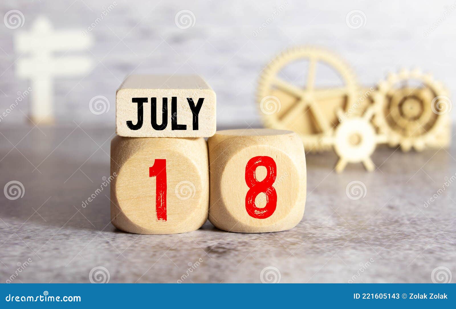July 18th. Image of July 18 Wooden Color Calendar on White Background