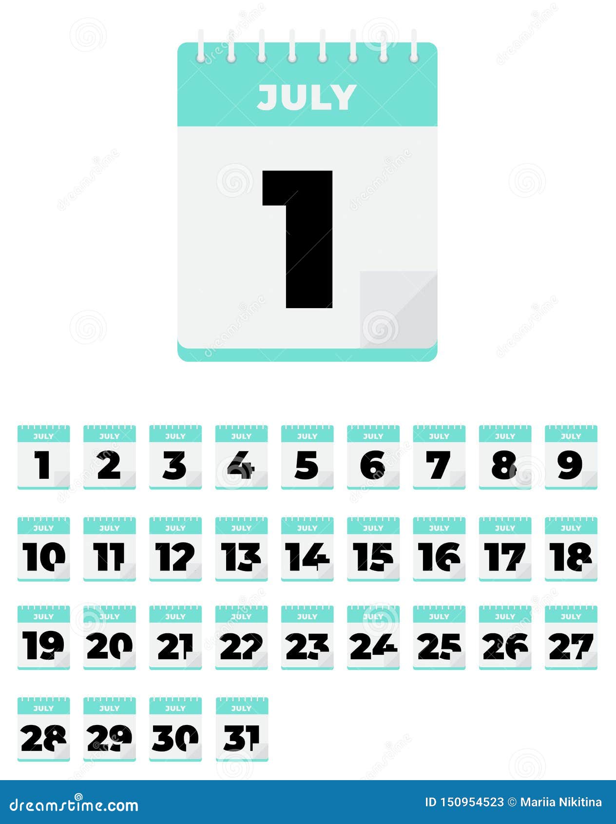 July. Vector Flat Daily Calendar Set. Icon Stock Vector Illustration