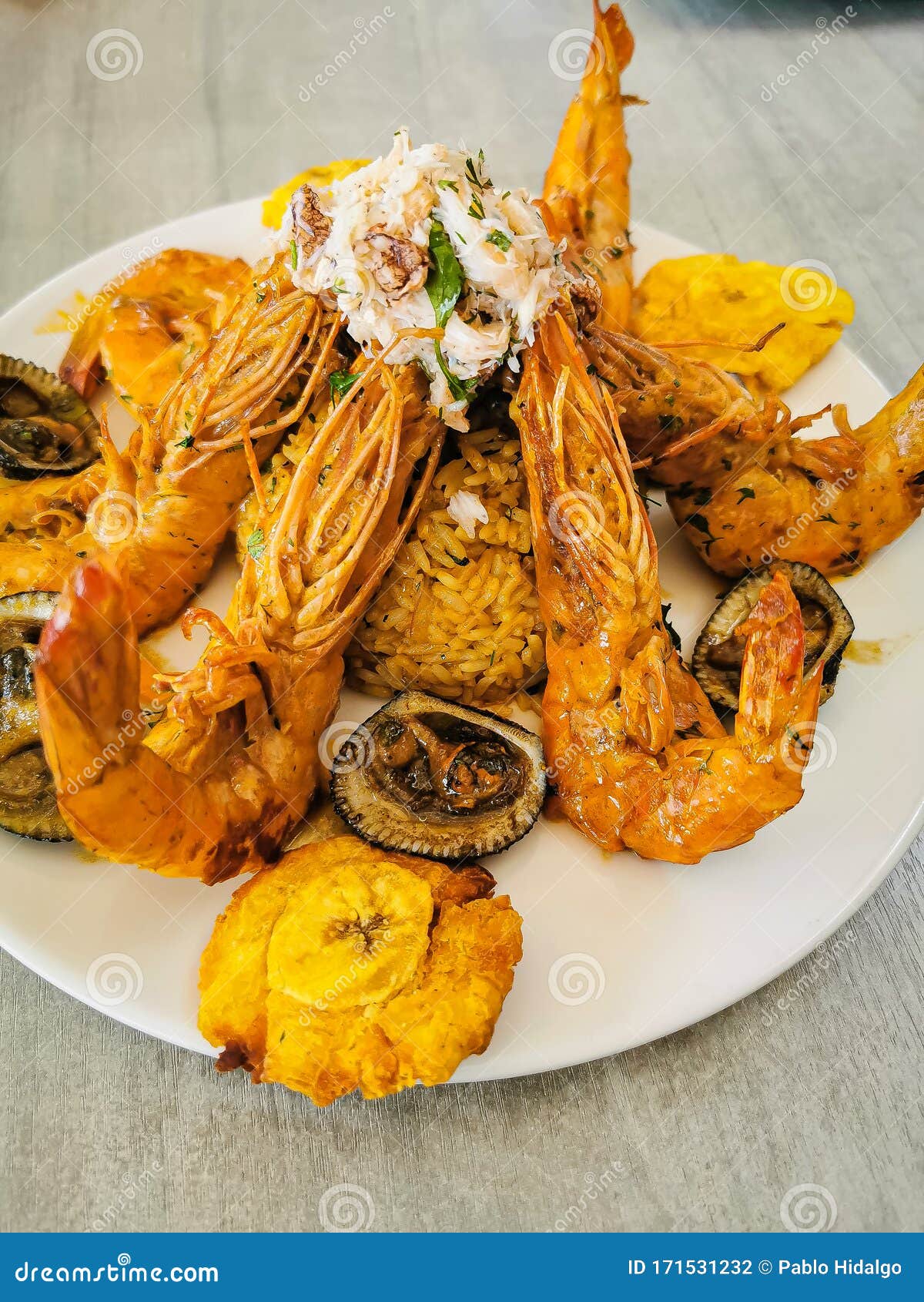 Jumbo Prawns and Grilled Shrimp with Rice and Coconut. Stock Photo