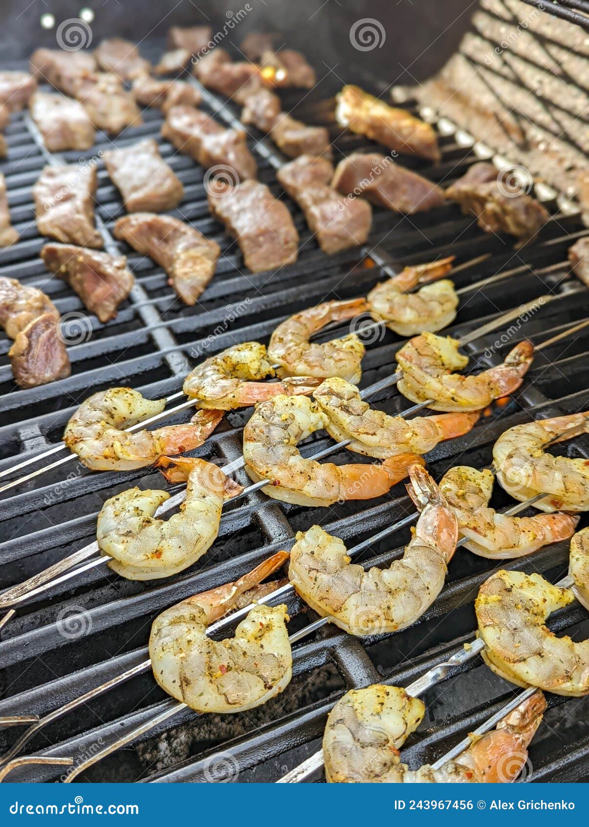 Jumbo Shrimp and Steak on a Grill Stock Photo Image of cooking
