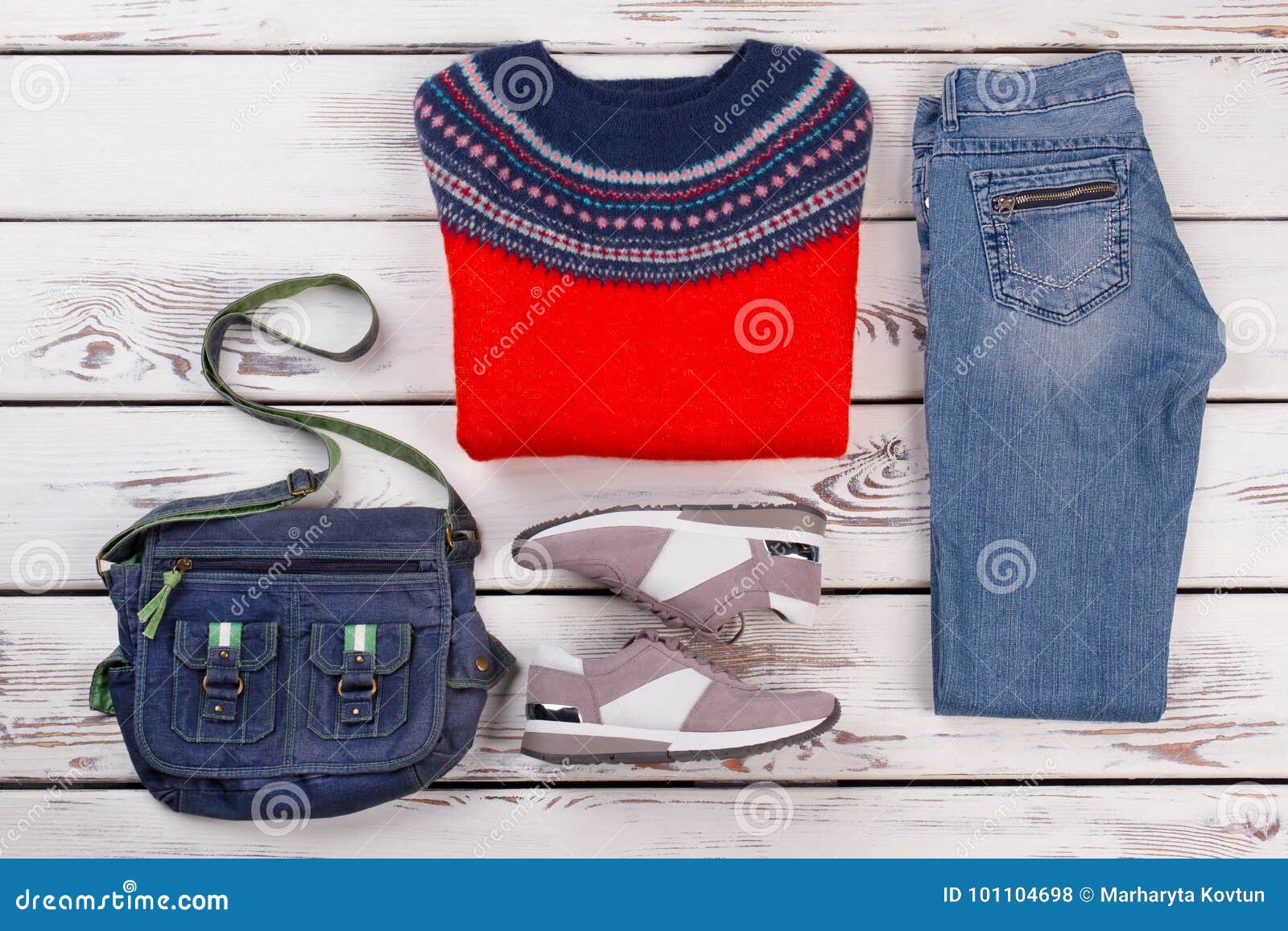 Jumper, Jeans, Sneakers and Bag Stock Photo - Image of comfy, knitwear ...