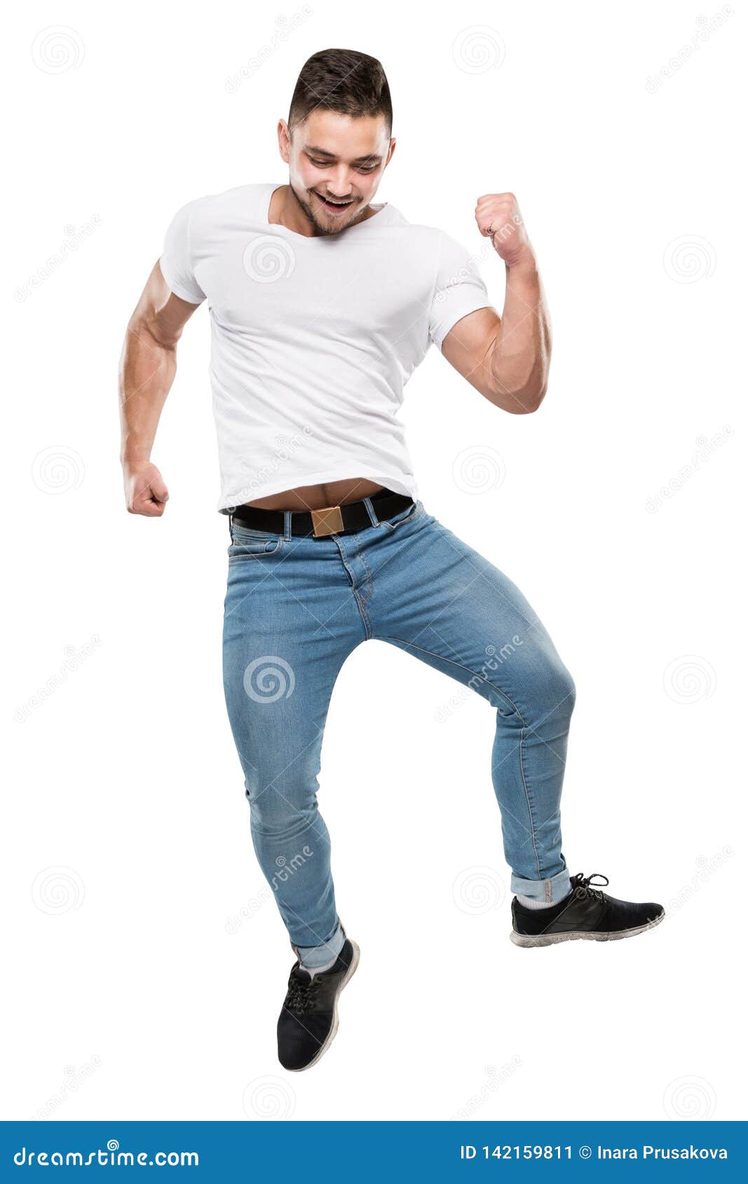Jumping Man Full Body on White Background, Boy in Jump, Casual T Shirt Jeans  Stock Image - Image of blue, front: 142159811