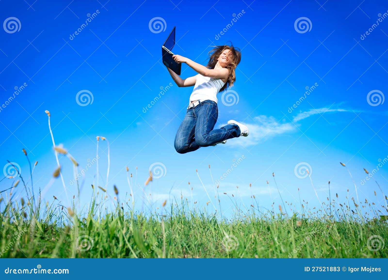 Jumping woman with laptop stock image. Image of blue 27521883