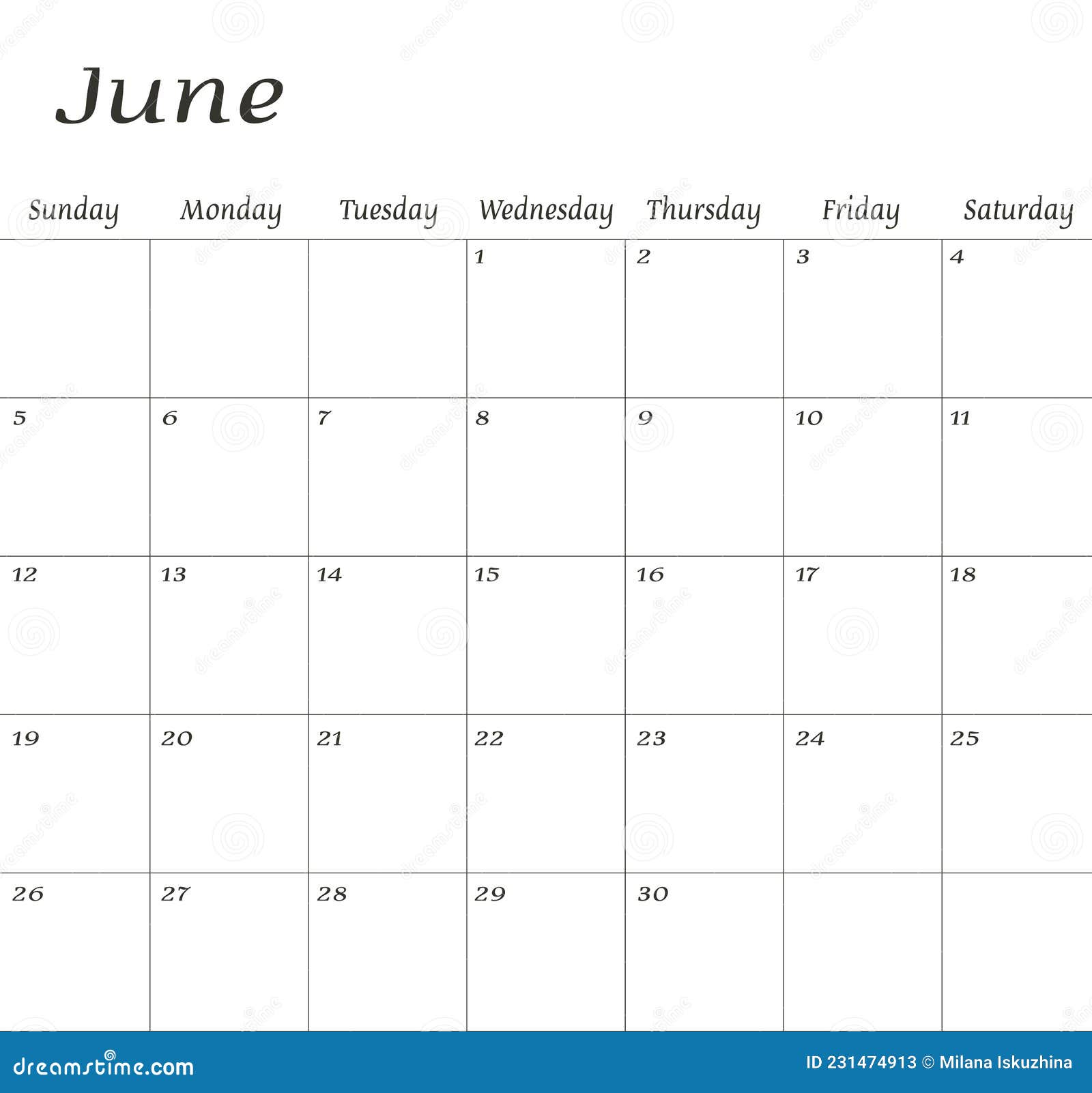 June 2022. Calendar Planner Design Template. Week Starts on Sunday