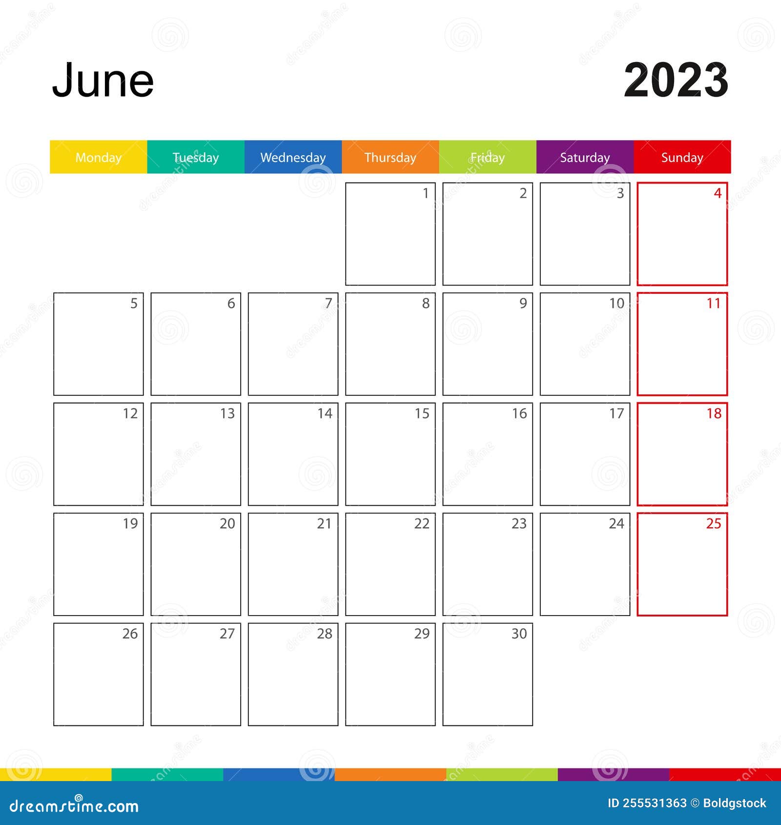 June 2023 Colorful Wall Calendar, Week Starts on Monday Stock Vector