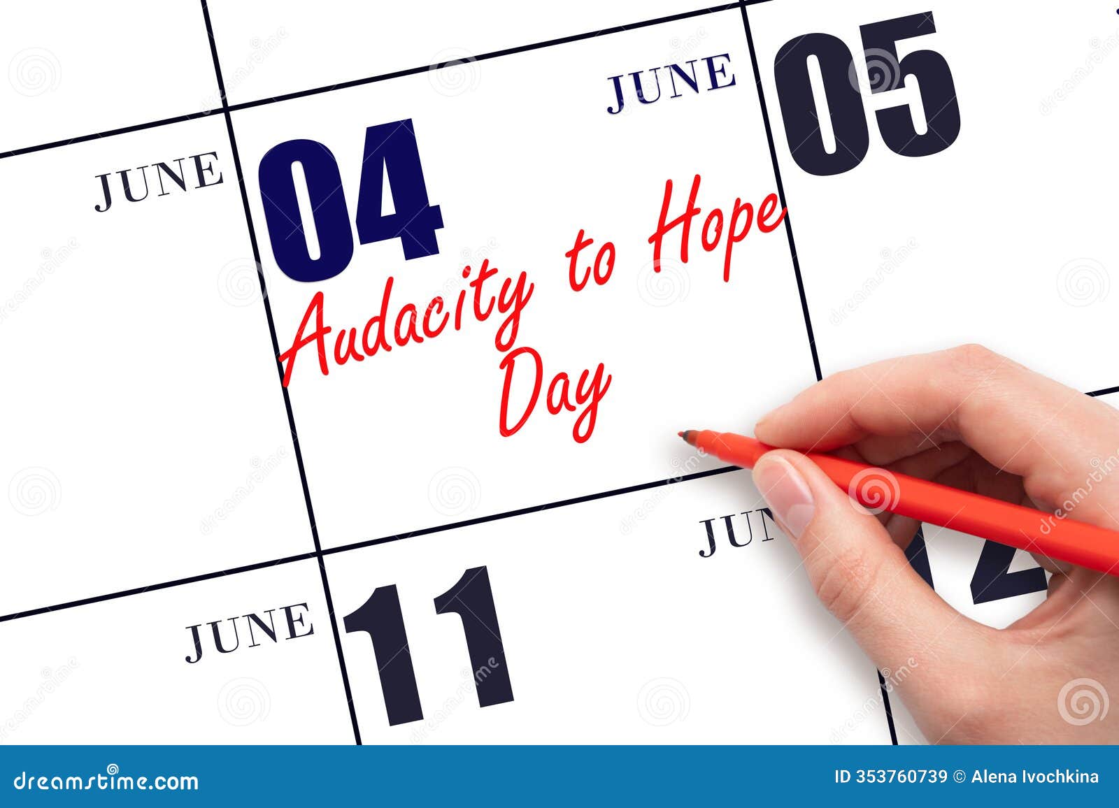 june 4. hand writing text audacity to hope day on calendar date. save the date.