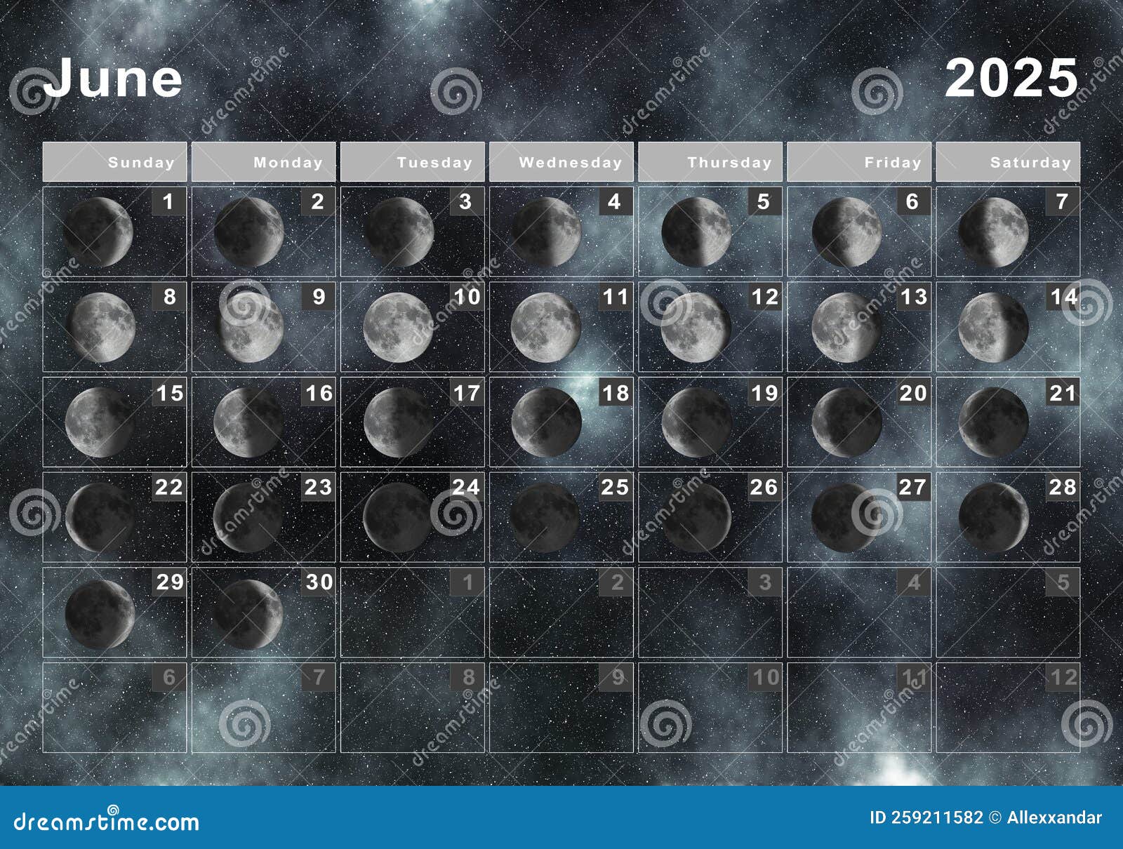 June 2025 Lunar Calendar, Moon Cycles Stock Illustration - Illustration ...