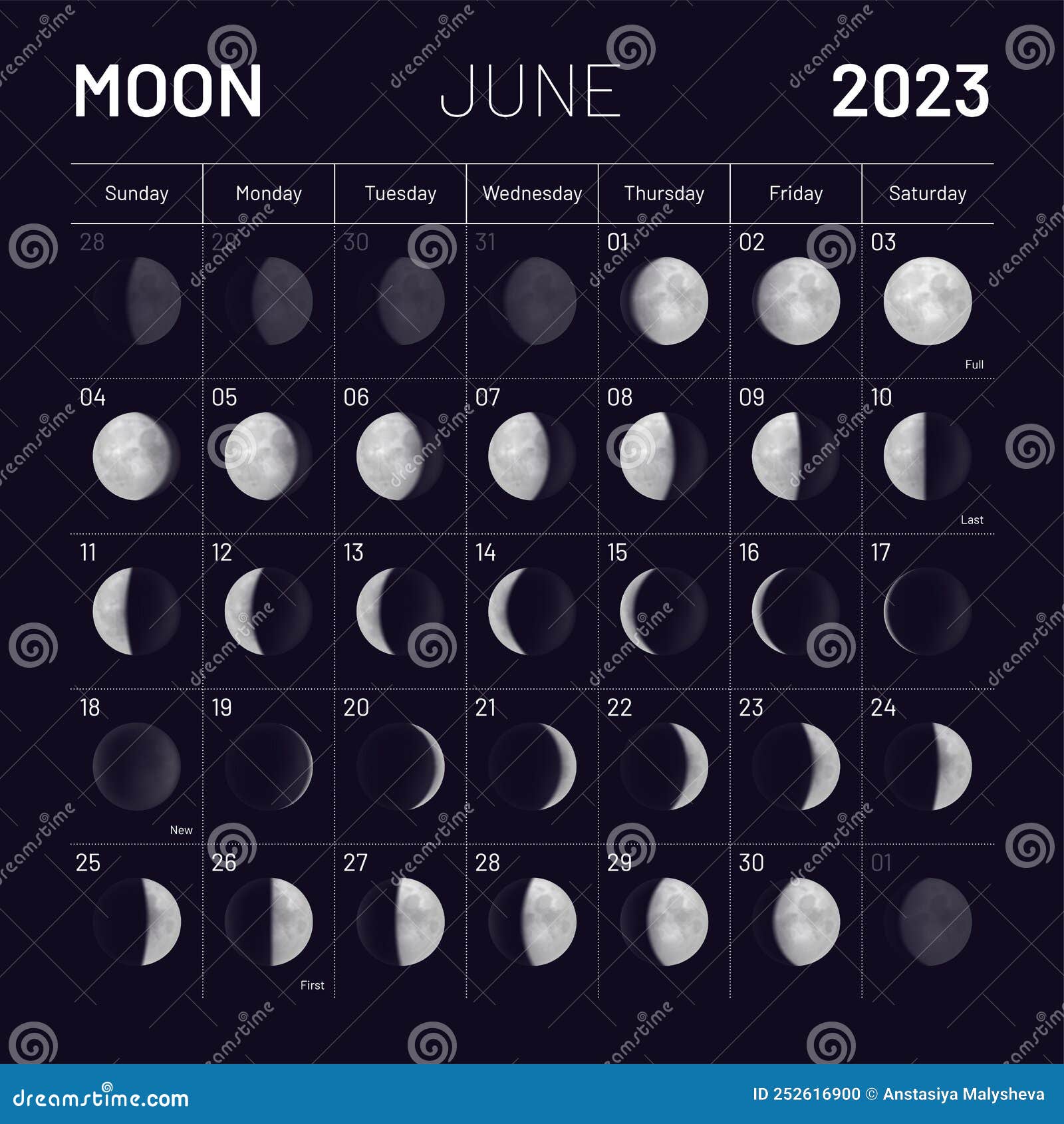 June Lunar Calendar for 2023 Year, Monthly Cycle Planner Stock Vector