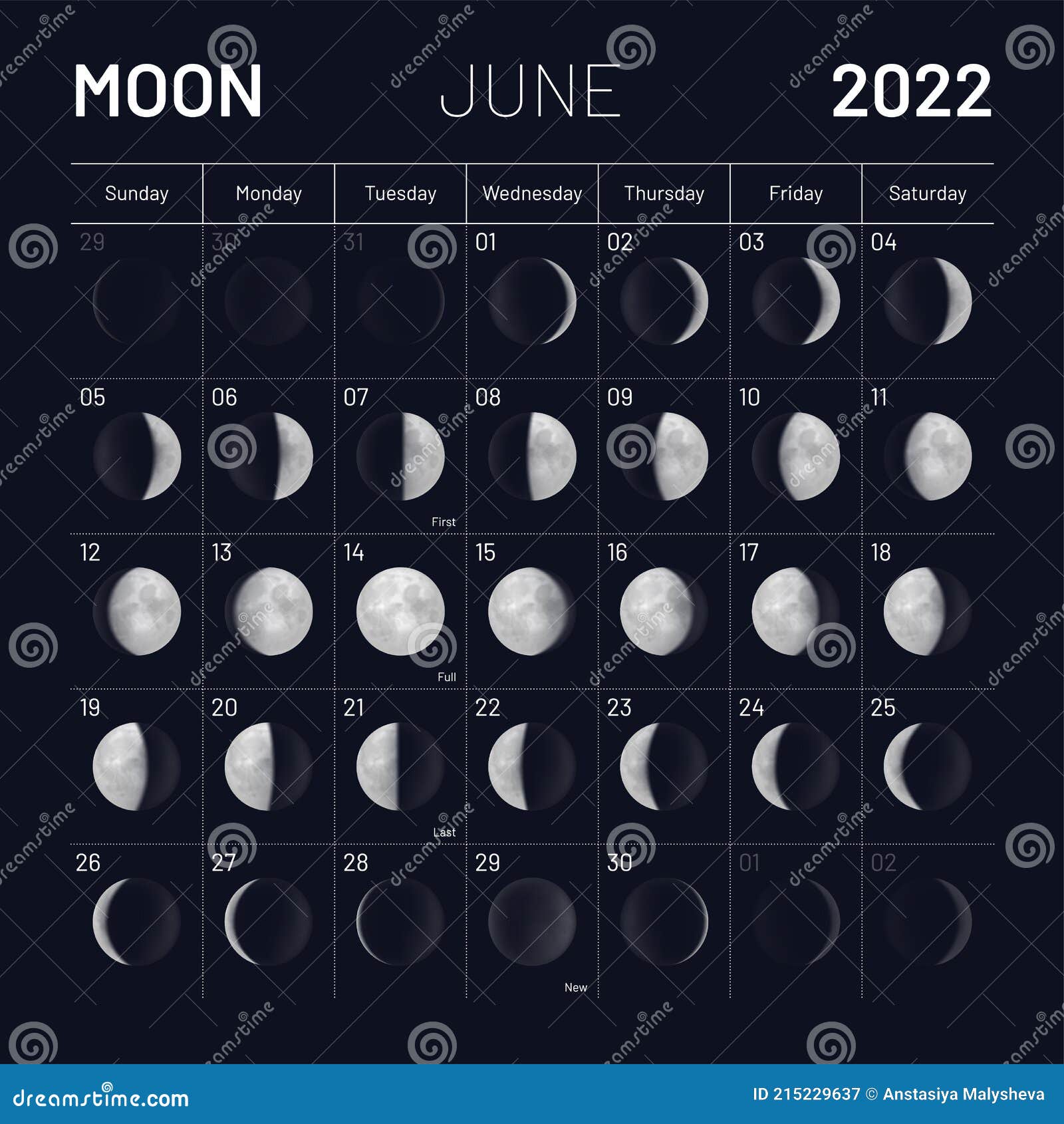 June Moon Phases Calendar On Dark Night Sky Stock Vector - Illustration Of  Year, Symbol: 215229637