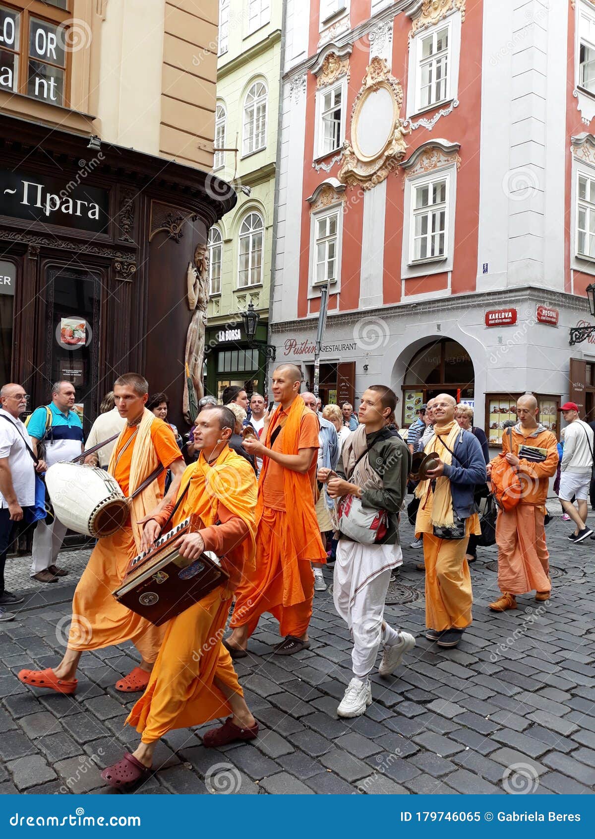 Hare Krishna Monks on Street in Prague. Editorial Image - Image of