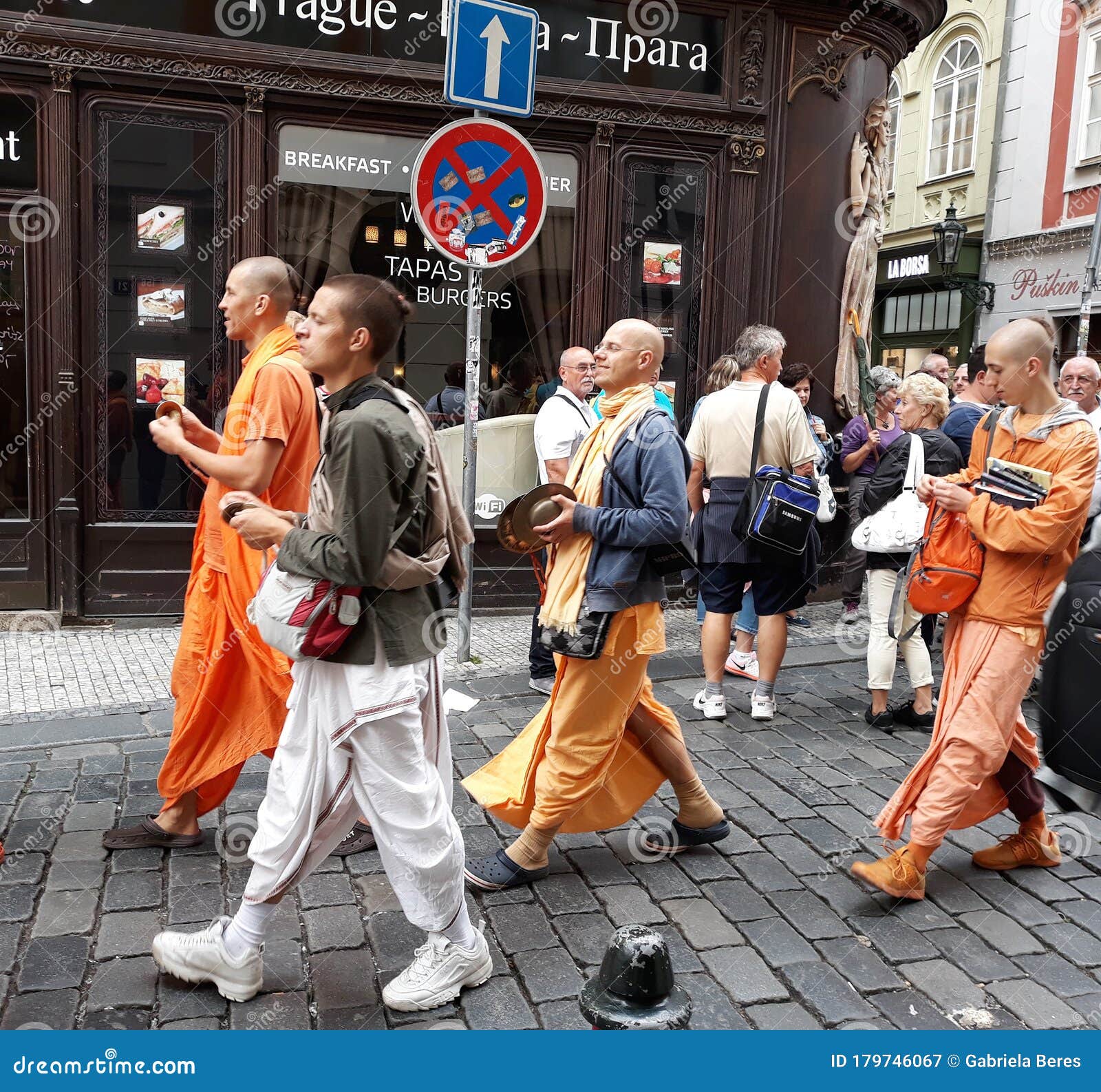 Hare Krishna Monks on Street in Prague. Editorial Image - Image of