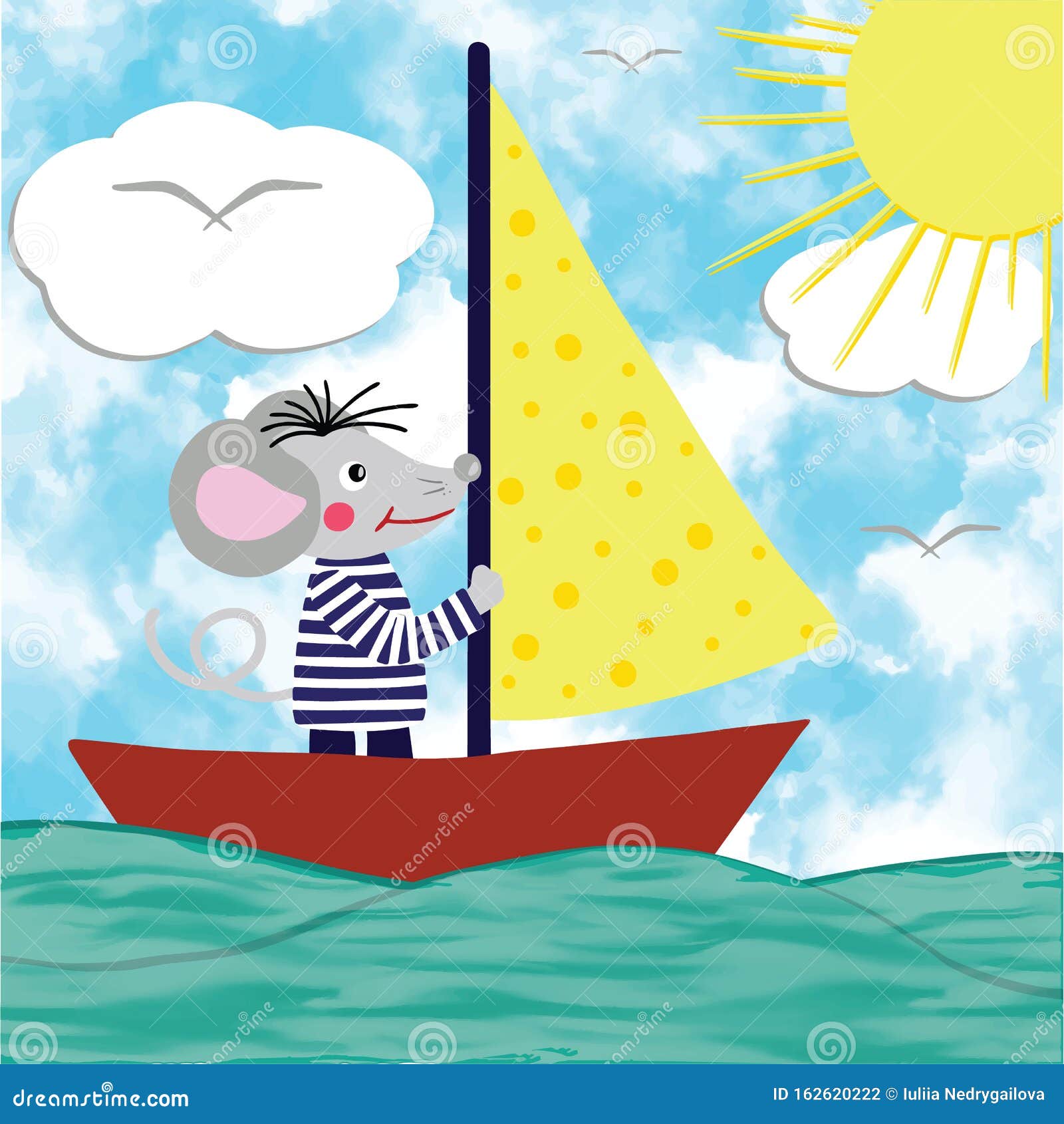 Rat or Mouse Sails on the Boat in the Sea or Ocean, Blue Sky with Sun, Clouds and Birds on Background. Cartoon Style Digital Drawi Stock Illustration - Illustration of creative, design: Rat or Mouse Sails on the Boat in the Sea or Ocean, Blue Sky with Sun, Clouds and Birds on Background. Cartoon Style Digital Drawi Stock Illustration - Illustration of creative, design: