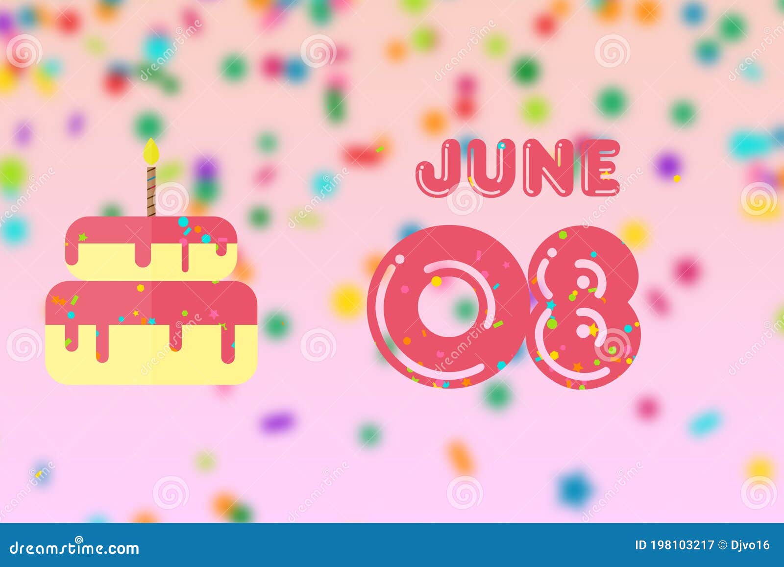 June 8th. Day 8 of Month,Birthday Greeting Card with Date of Birth and