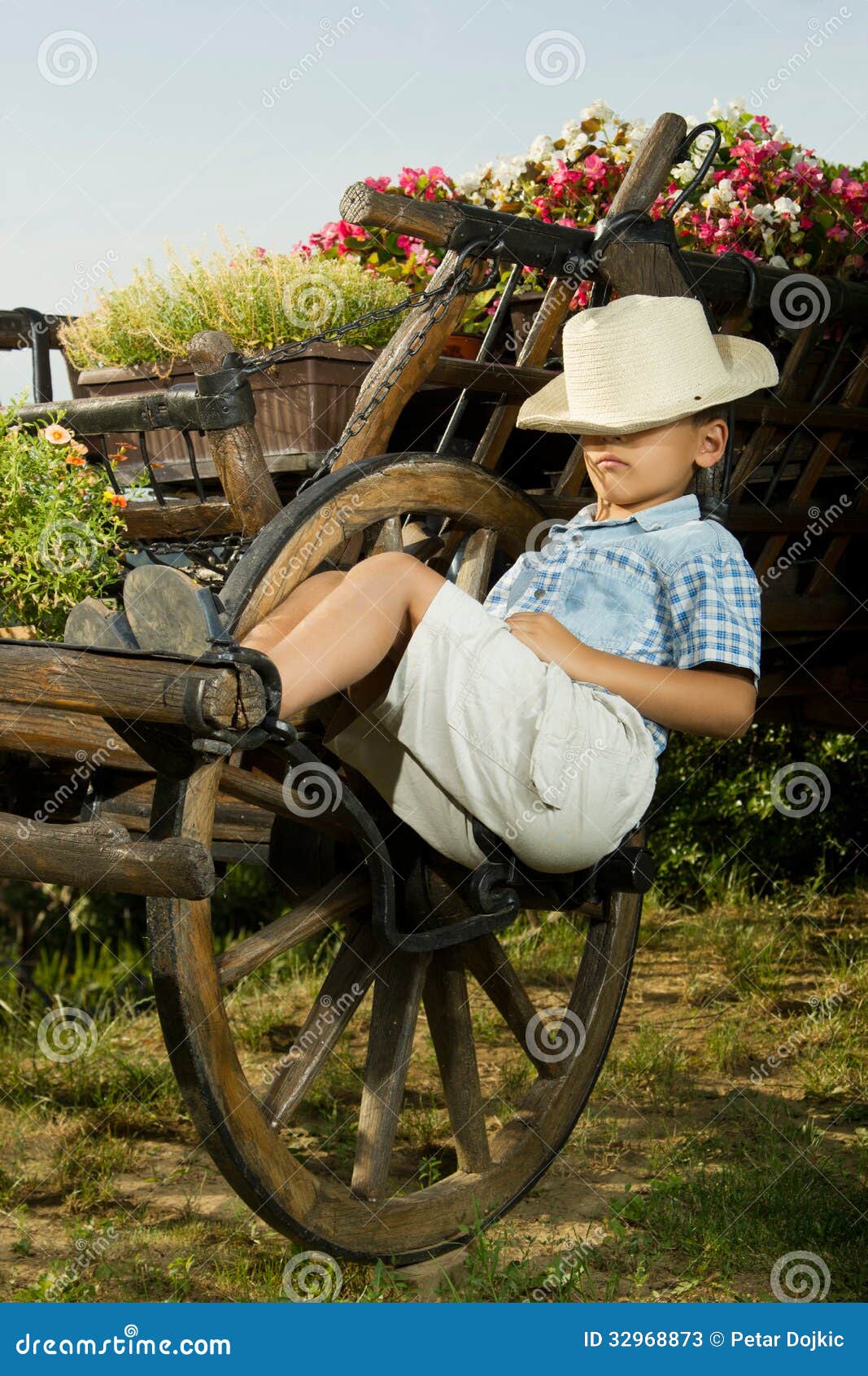 Junge, Der Im Garten Auf Dem Wagen Schläft Stockbild Bild von grenze
