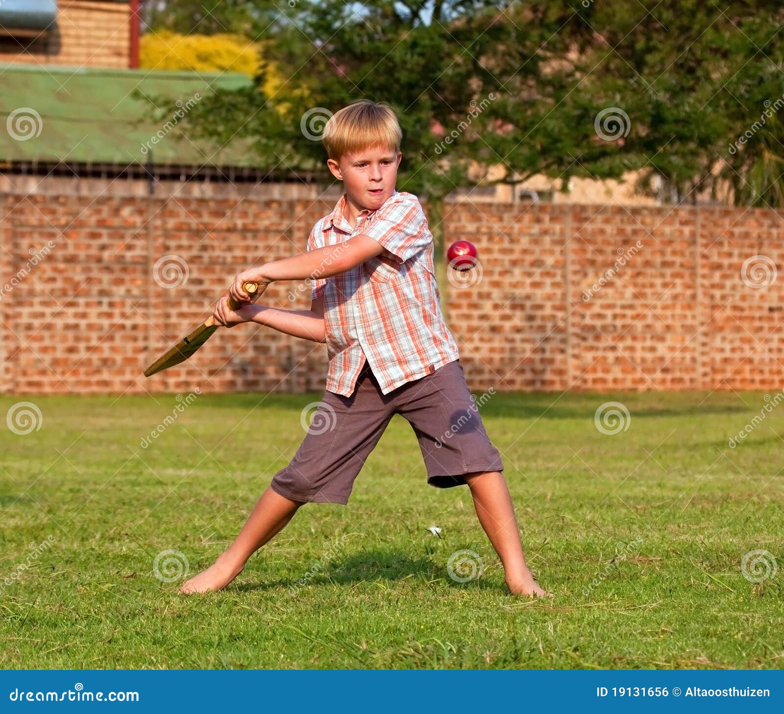 Junge, Der Kricket in Einem Park Spielt Stockfoto Bild von übung, hieb 19131656