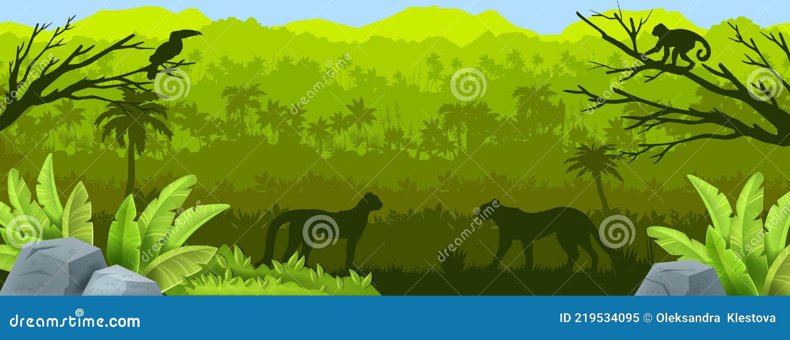 Jungle Forest Vector Silhouette Background, Tropical Amazon Outline
