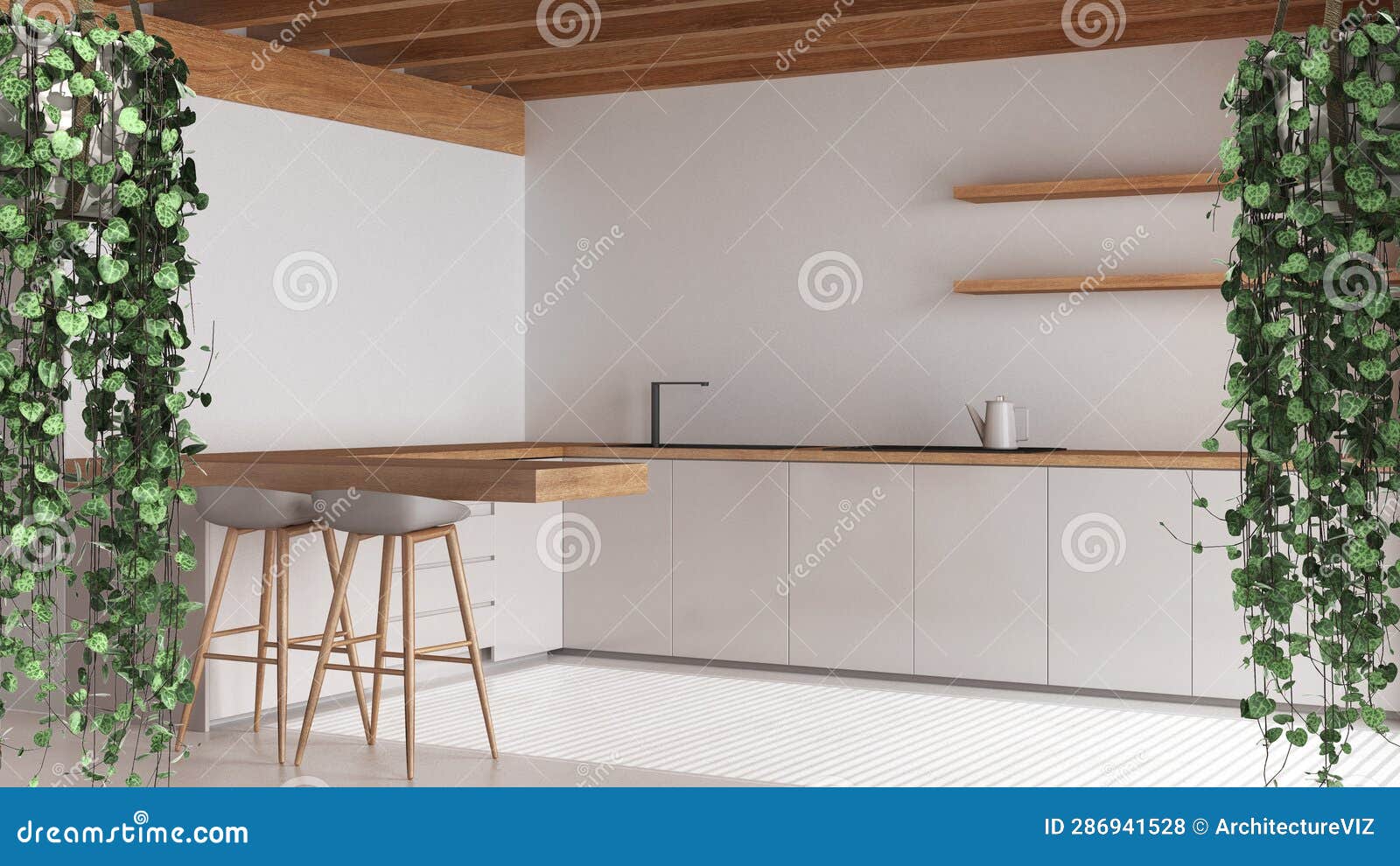 jungle frame, biophilic concept idea interior . tropical leaves over minimal white japandi kitchen with island and stools.