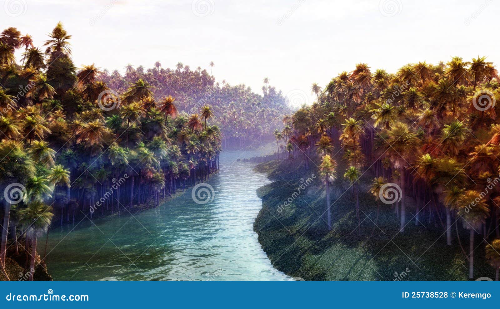 Jungle river. Dense jungle forest with sunset, bright water and thin fog layer. Super high quality and unique illustration.