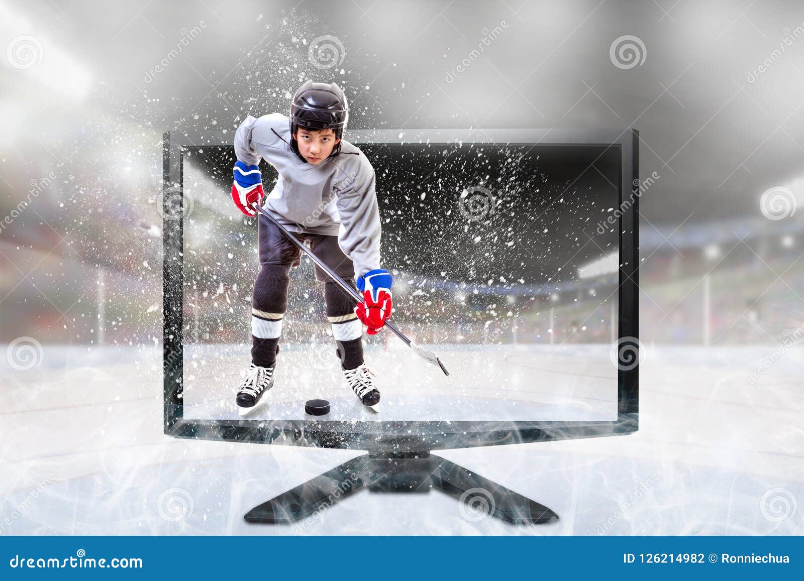 Junior Ice Hockey Player Im Live-Fernsehen 3D Innerhalb Des Stadions Stockfoto