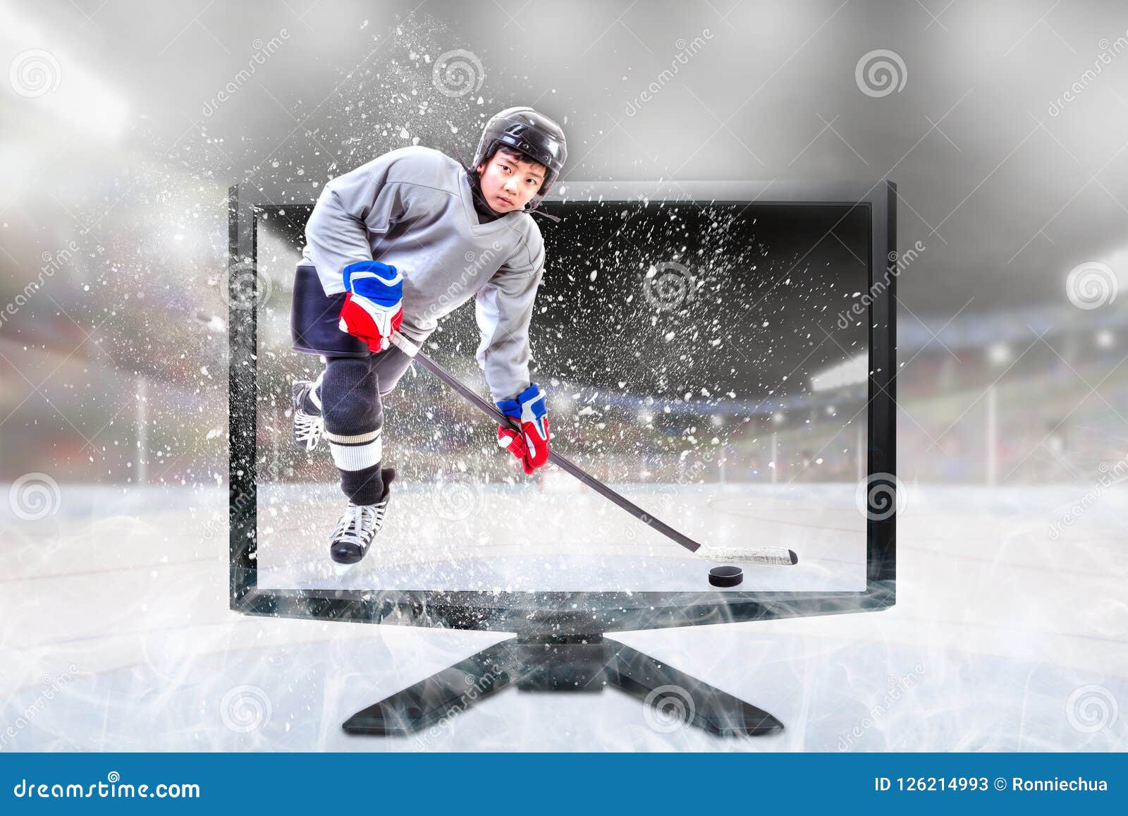 Junior Ice Hockey Player Im Live-Fernsehen 3D Innerhalb Des Stadions Stockbild