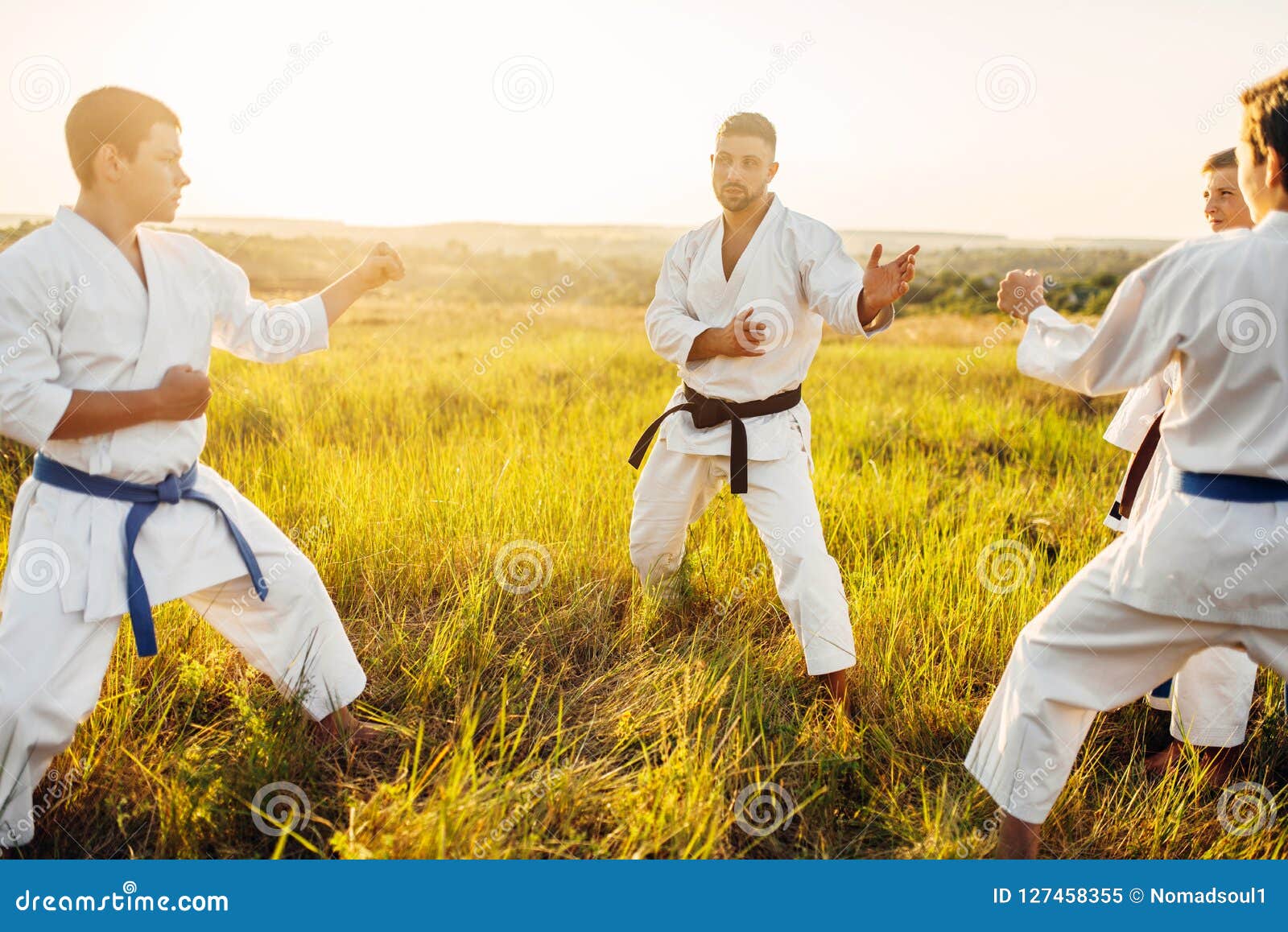 Junior Karate Class with Master, Outdoor Training Stock Image Image of punching, fighter