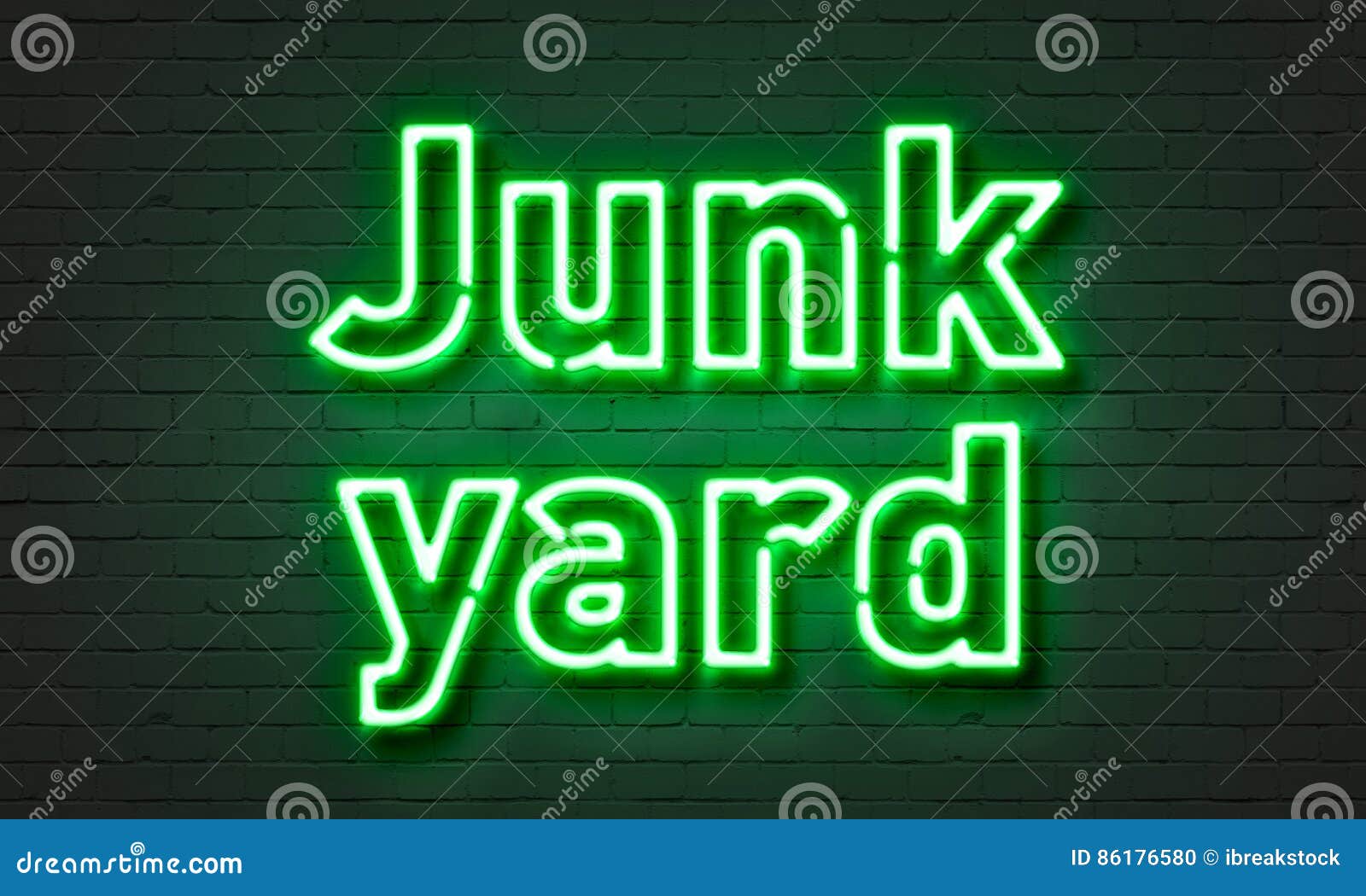 Junk Yard Neon Sign on Brick Wall Background. Stock Illustration