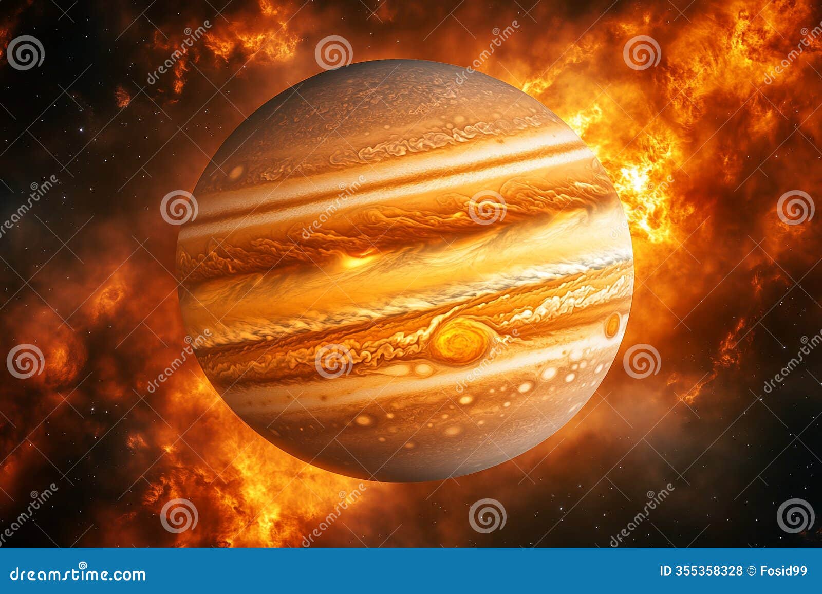 jupiter planet in outer space with fiery nebula