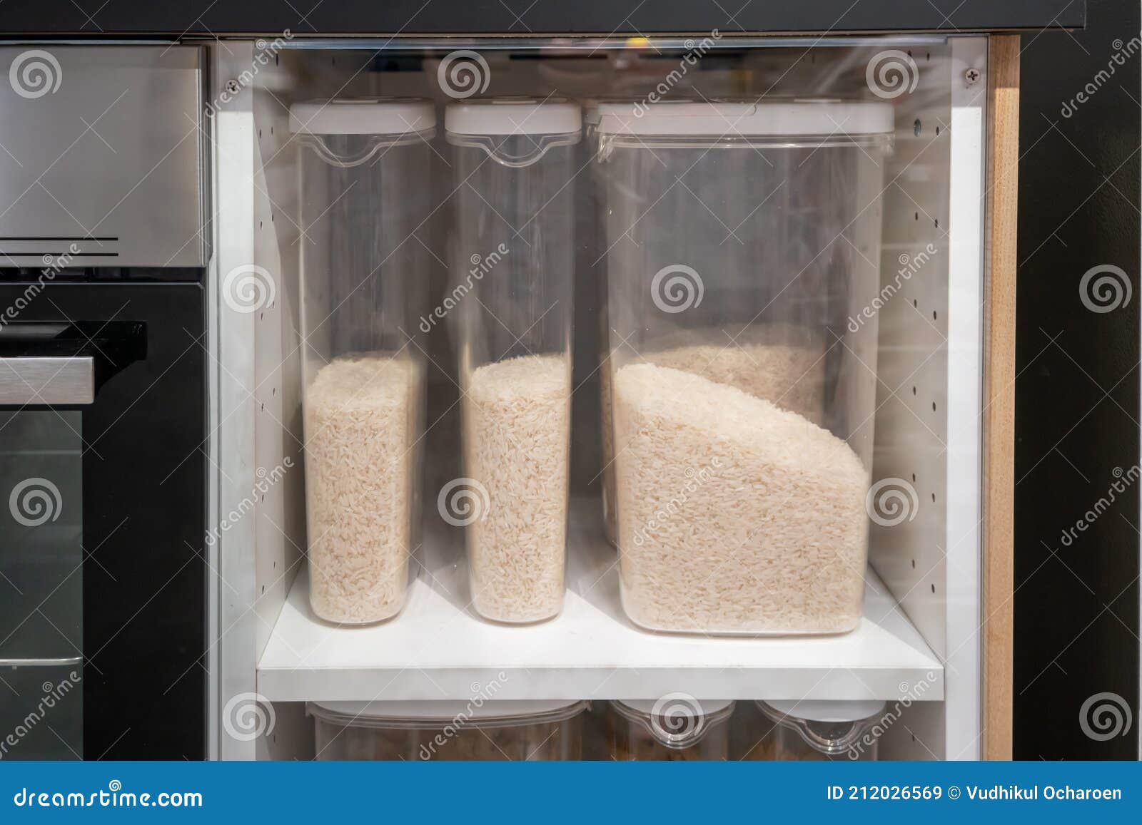 Jusmine Rice in the Clear Plastic Containers Kitchen on Shelf