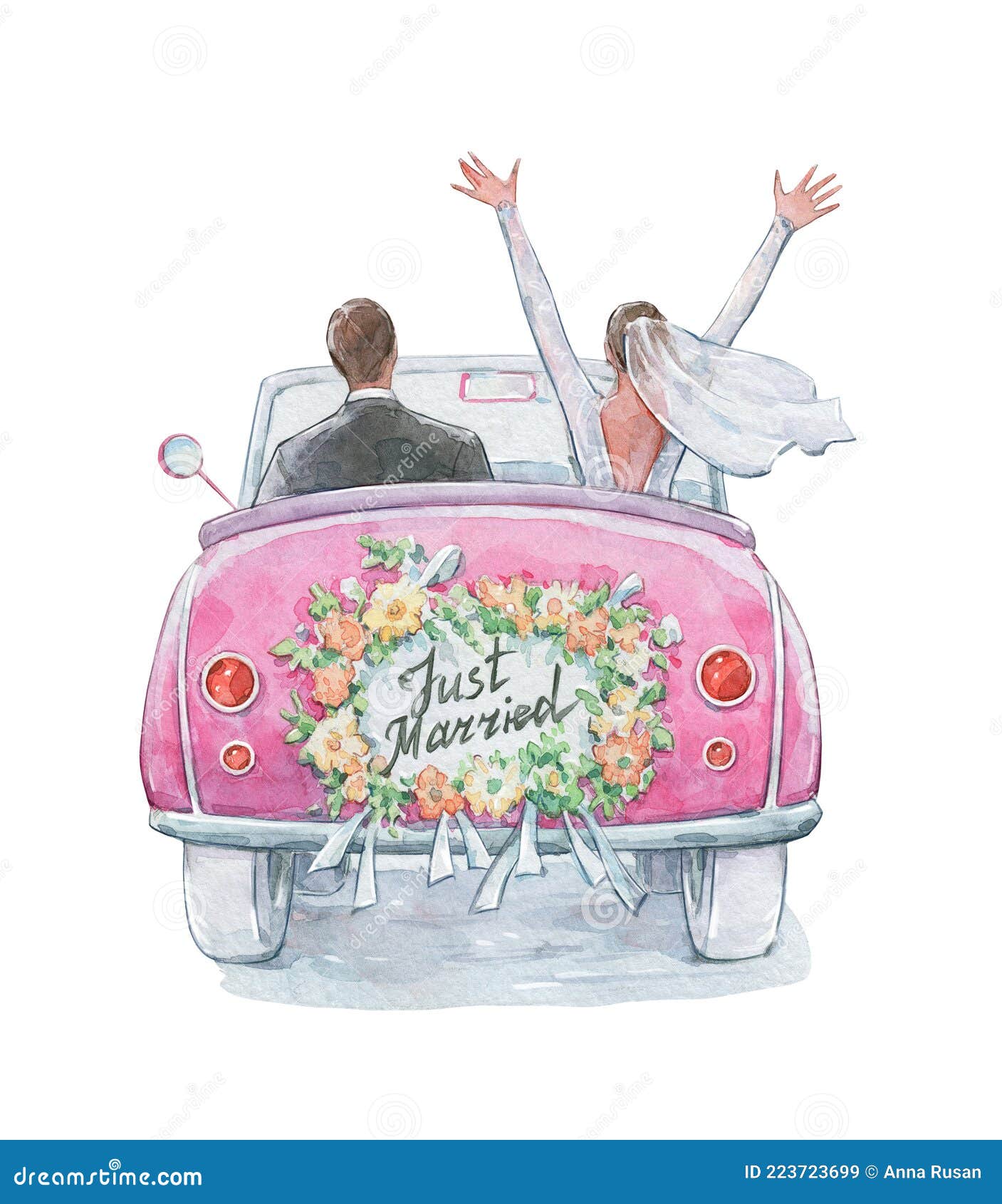 Just Married Couple in a Car Stock Illustration - Illustration of