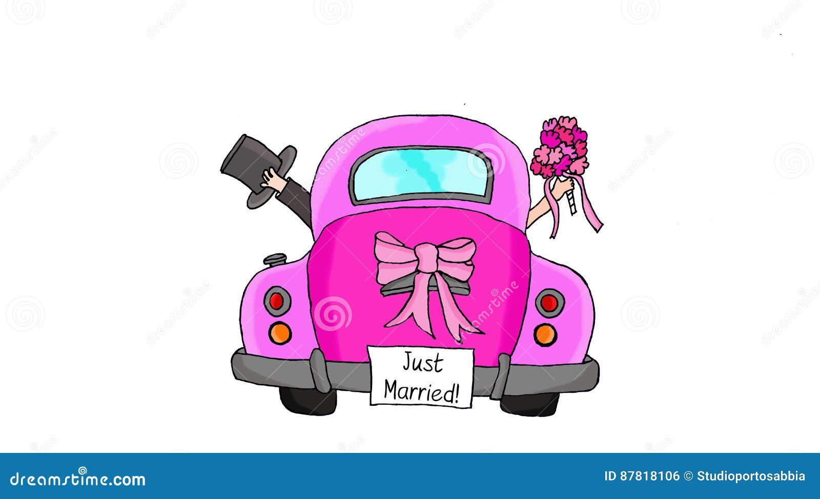 Just Married - Couple in Pink Car Stock Illustration - Illustration of  groom, flowers: 87818106