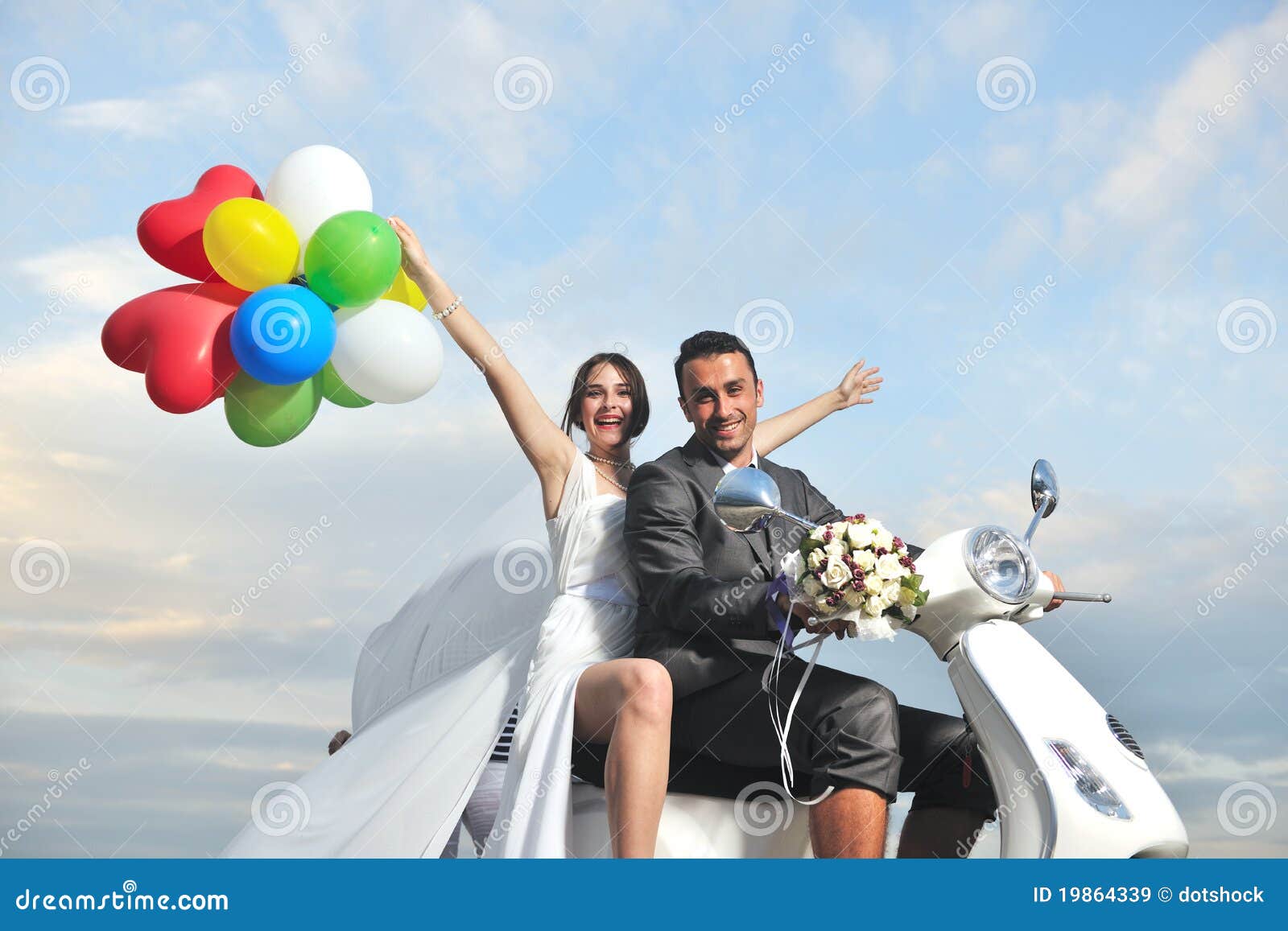 Just Married Couple Ride White Scooter Stock Image Image of beach, happy 19864339