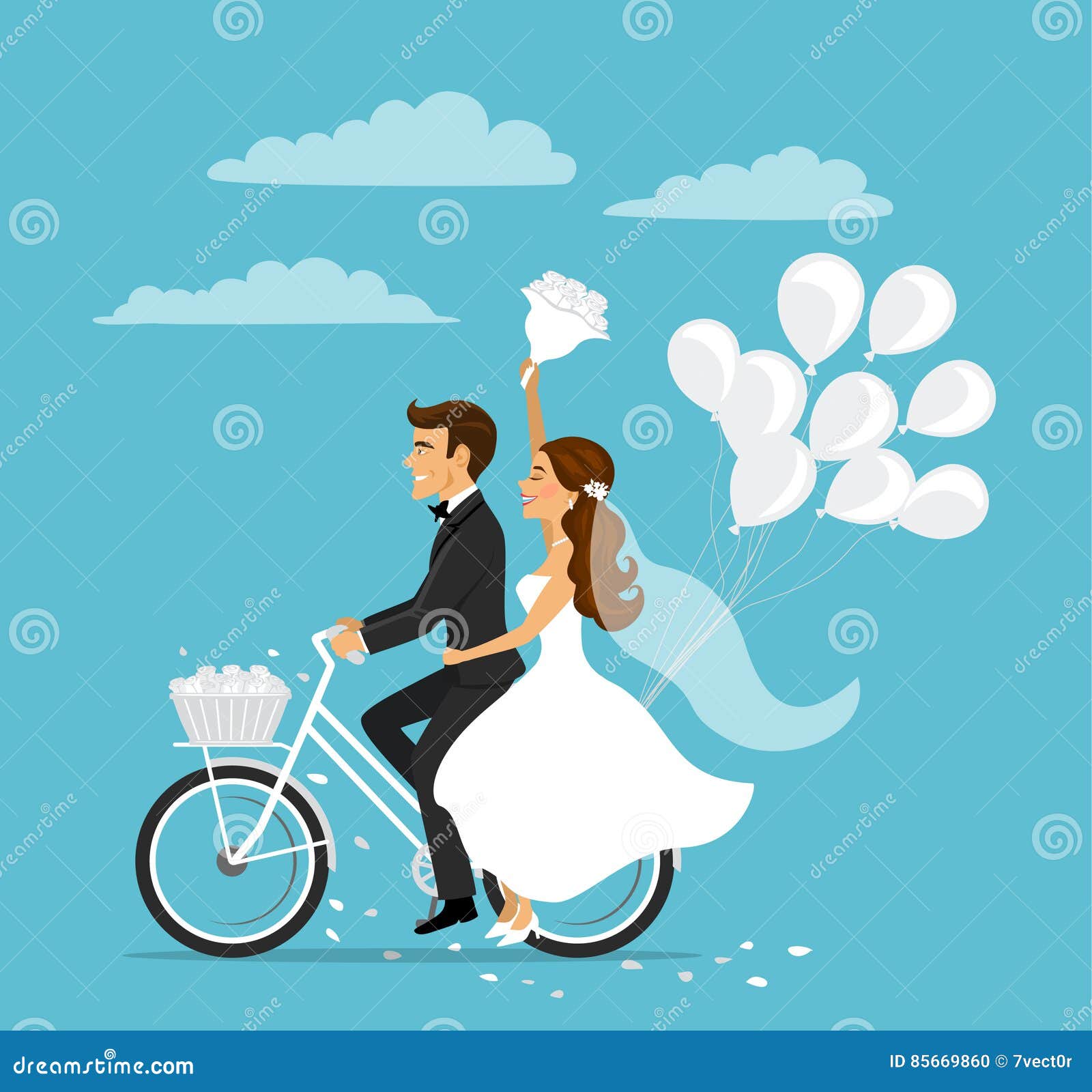 just married happy couple bride and groom riding bicycle
