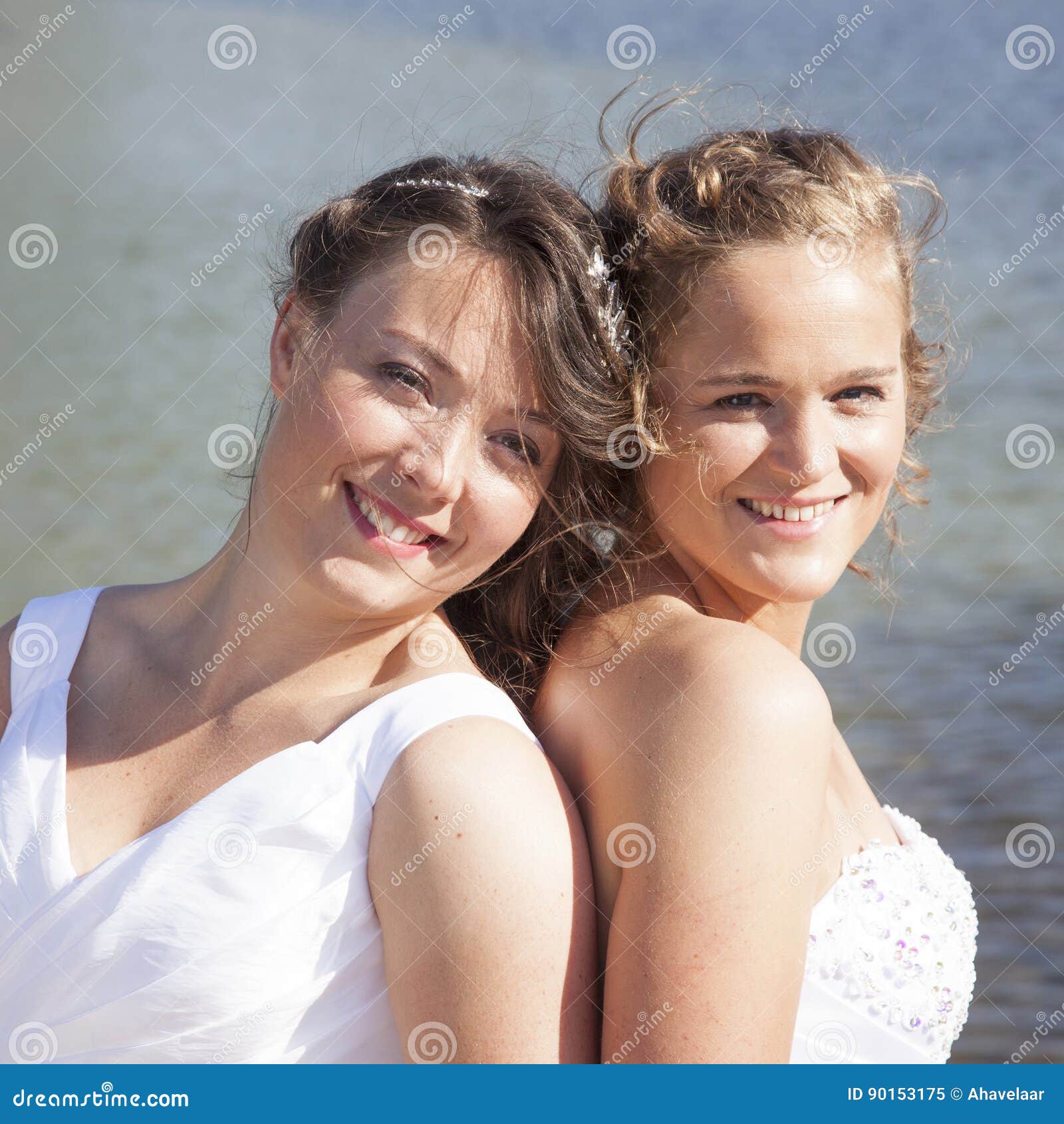 Just Married Happy Lesbian Couple In White Dress Close Together Stock Image Image Of Blue