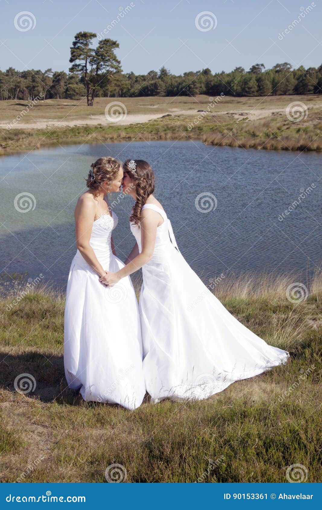 Just Married Happy Lesbian Couple In White Dress Near Small Lake Stock