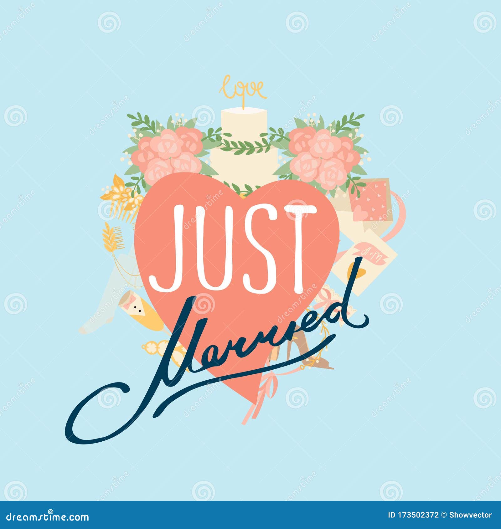 Just Married Wedding Heart, Decorative Lettering and Pink Flowers ...