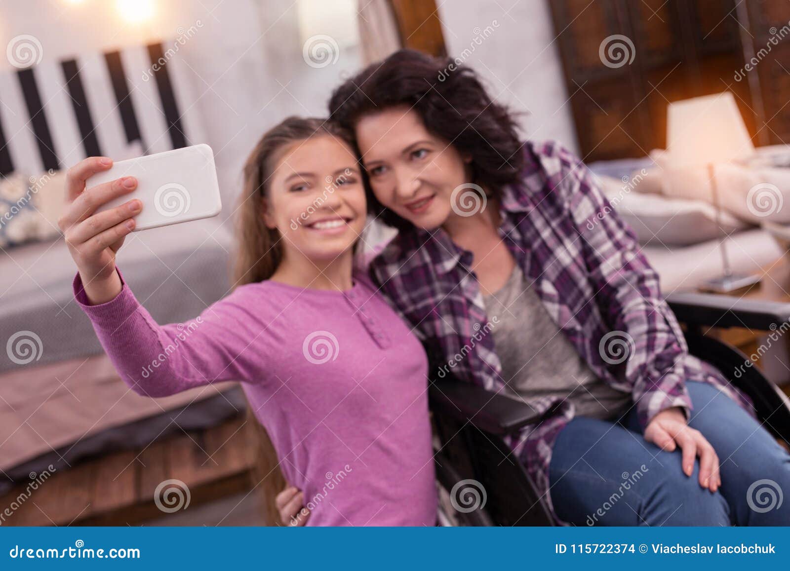 Cheerful Crippled Woman and Girl Photographing Stock Photo - Image of ...