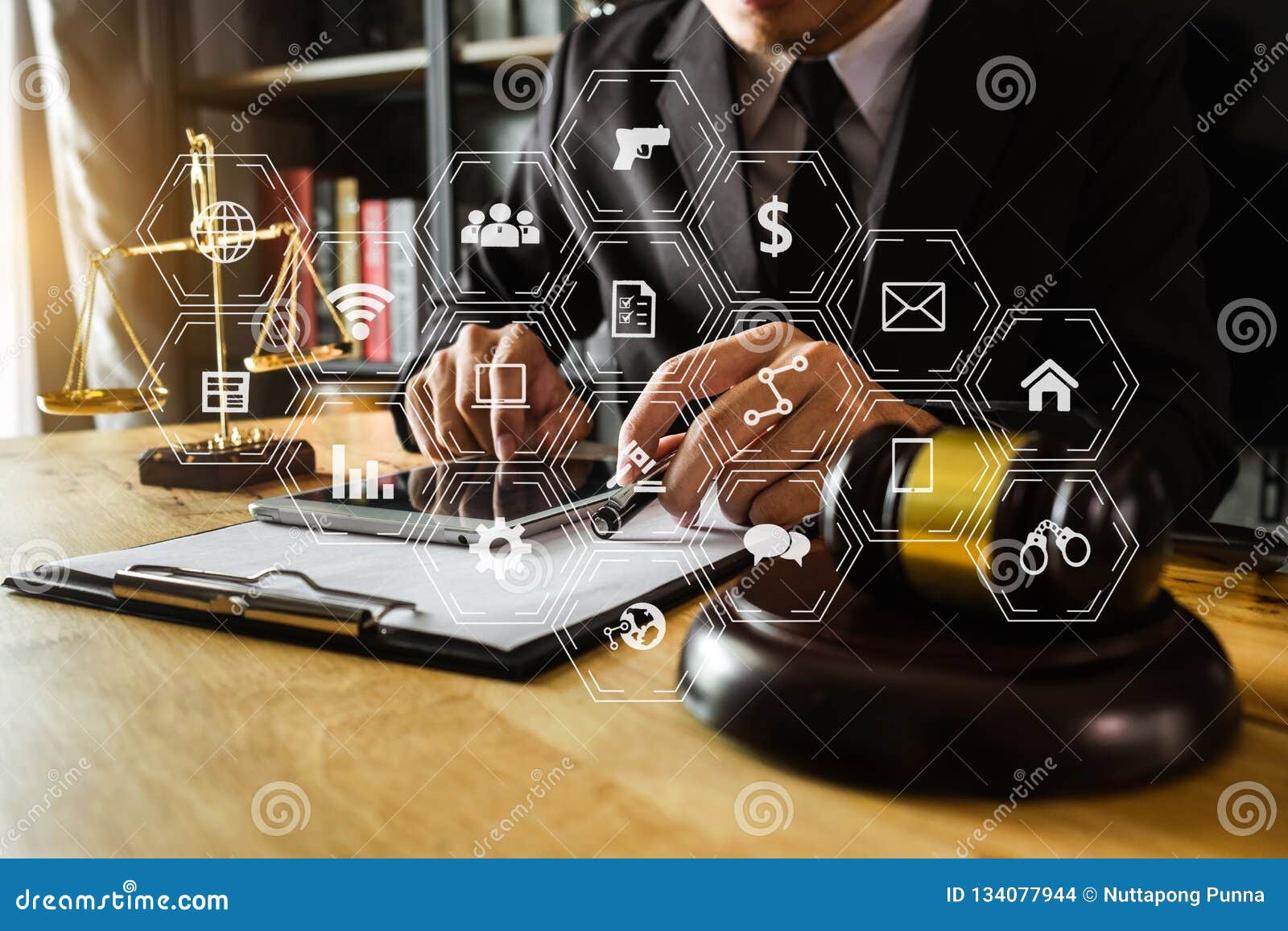 male lawyer in the office with brass scale