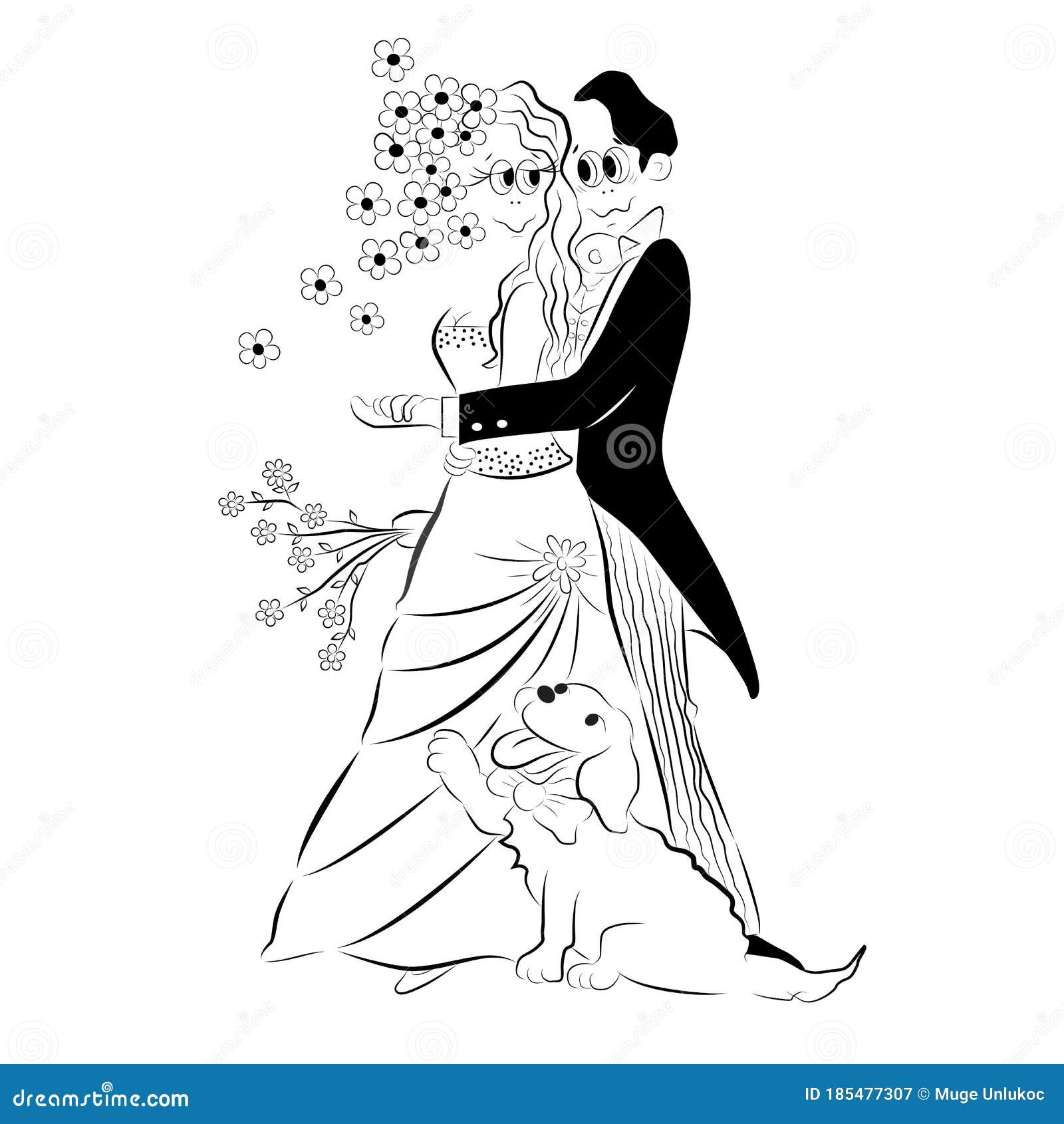 Vector Cartoon Black And White Illustration Of A Wedding Couple, Bride ...