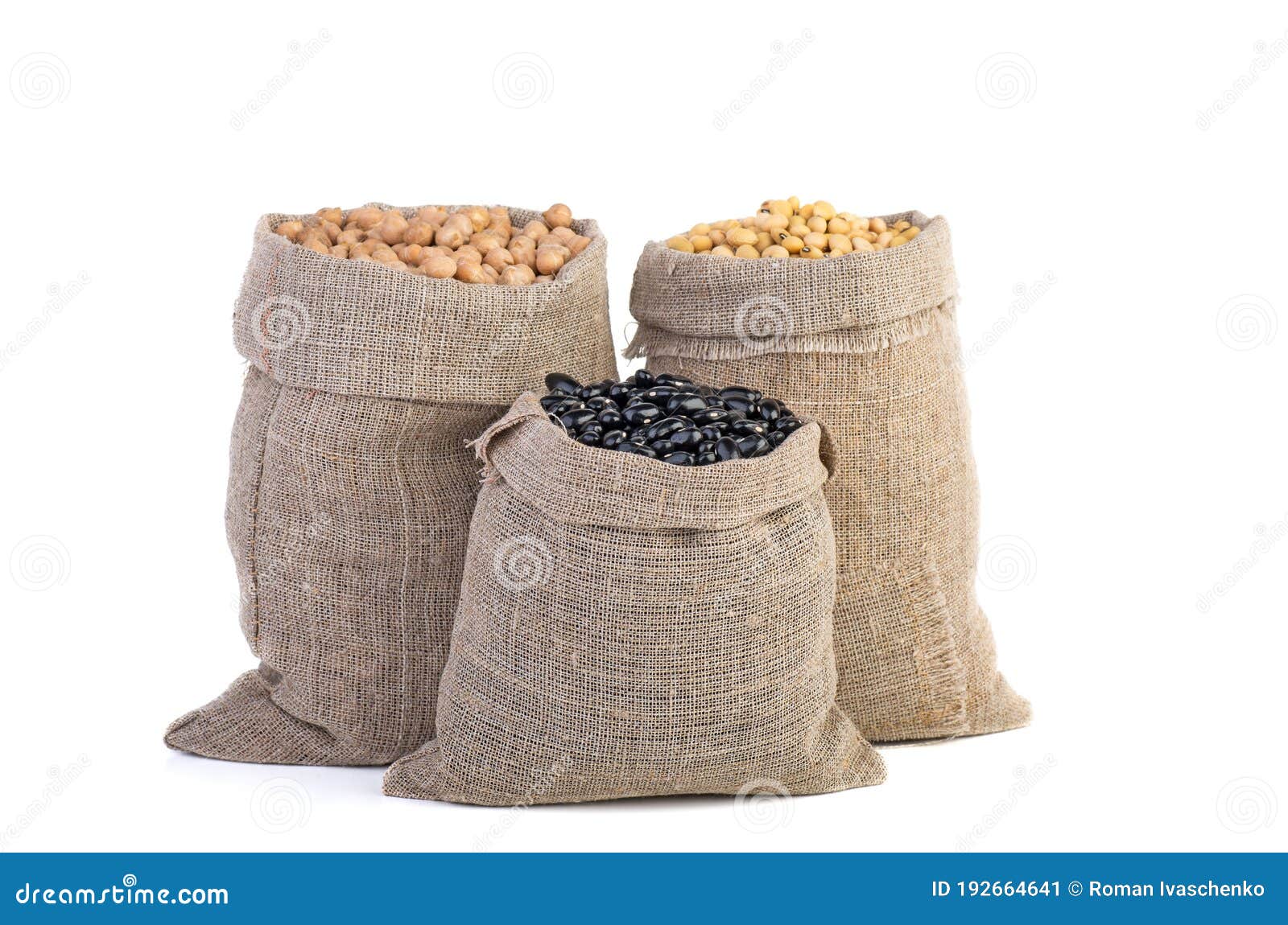 jute sacks with dried peas, soja beans and black legume