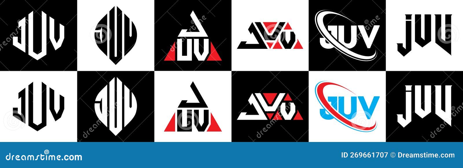 juv letter logo  in six style. juv polygon, circle, triangle, hexagon, flat and simple style with black and white color