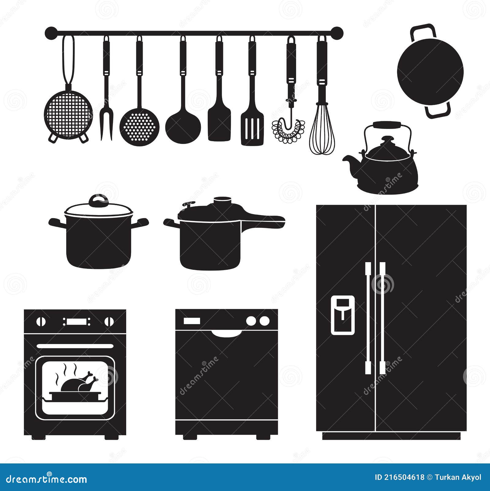 Küche Utensilien Werkzeug Ausstattung Innenausbau Schwarz Silhouette Stock  Abbildung - Illustration von ausrüstung, ikone: 216504618
