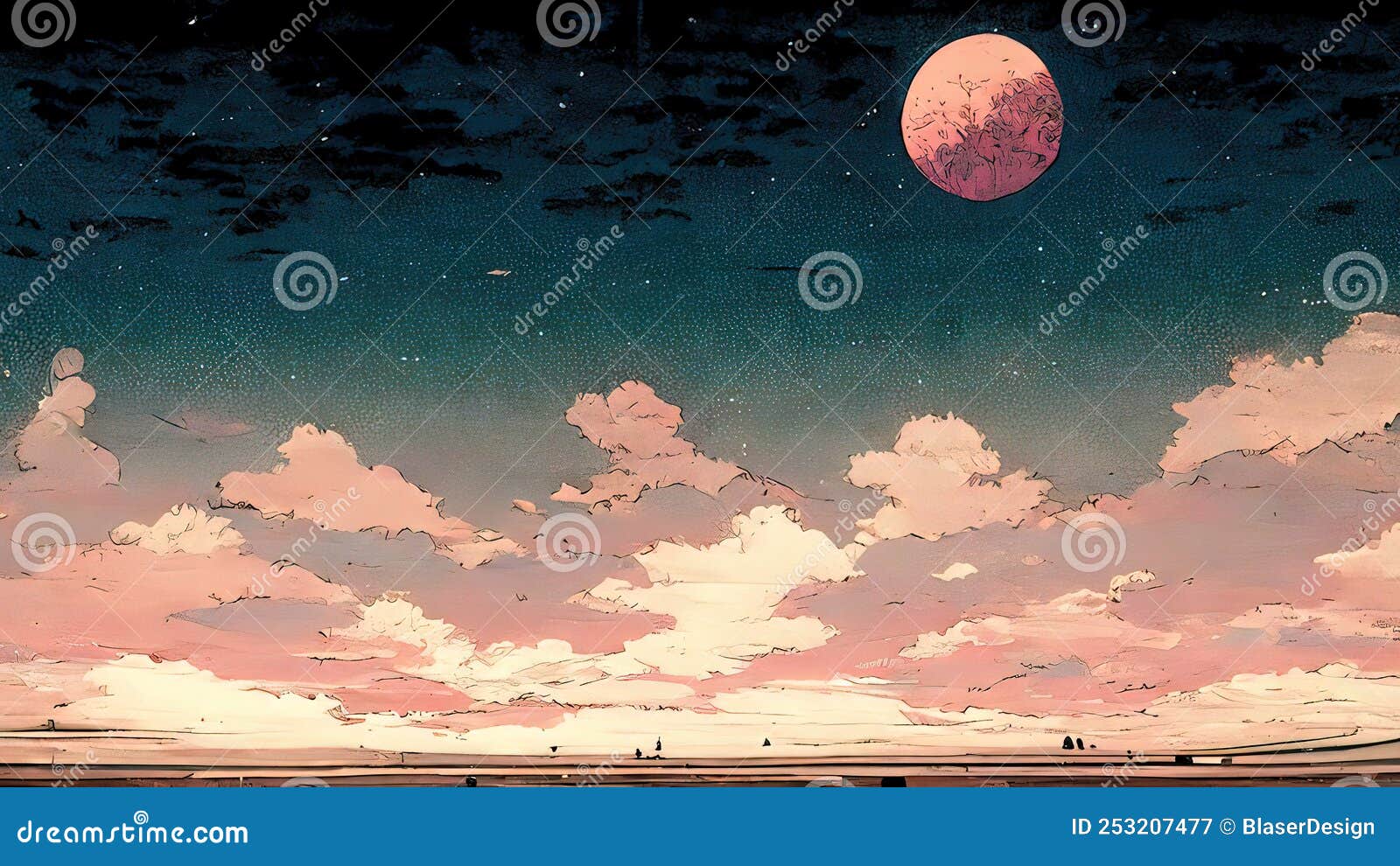 Anime, Manga Landscape at Dusk. 4K Moody, Lofi, Abstract Background. Sad  Beautiful Artwork with Pink Clouds and Fields. Stock Illustration -  Illustration of style, colored: 253207504