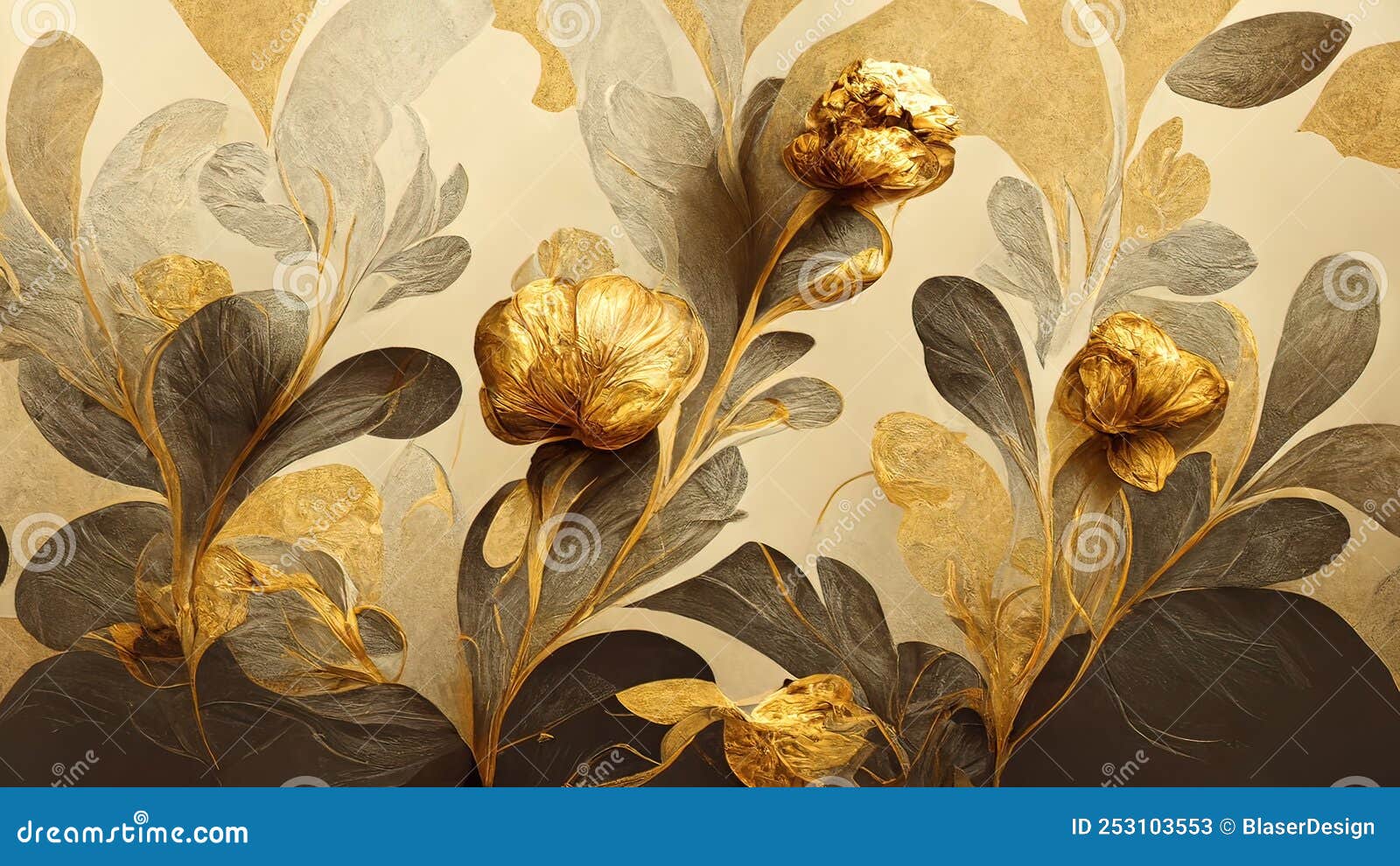 4K Golden Floral Background, Abstract Vintage Flower Design, Mural Art,  Gold Nature Stock Illustration - Illustration of pattern, food: 253103553