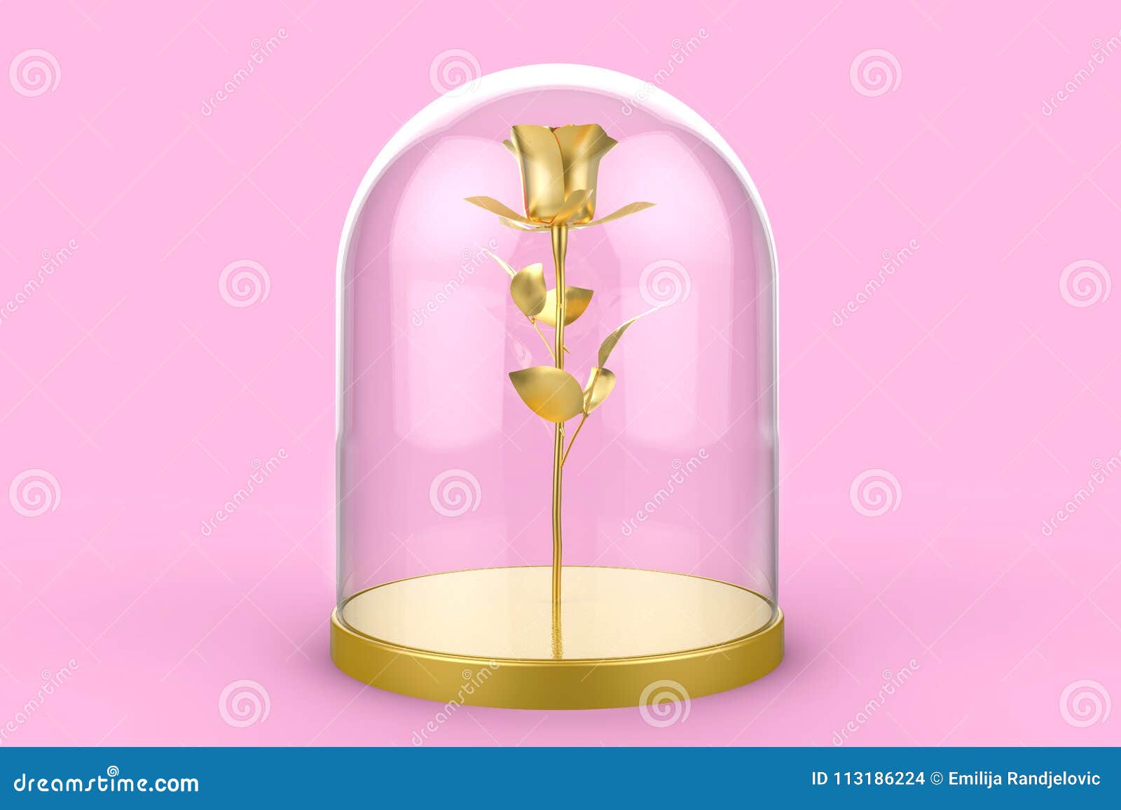 24k golden rose under glass dome - beauty and the beast concept 3d 
