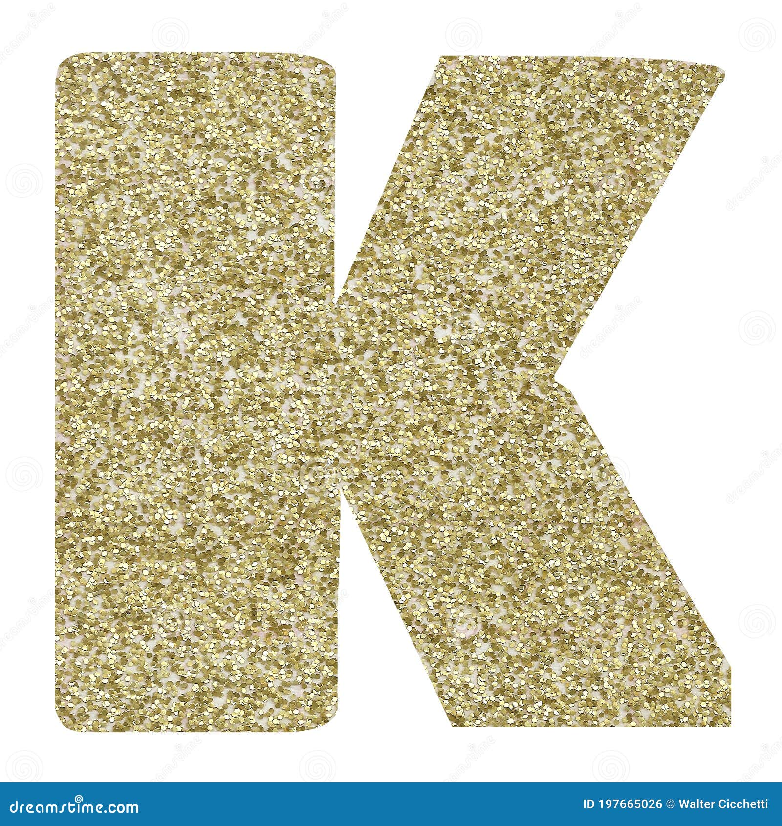 K Letter of the Alphabet, Gold Glitter on White Background Stock