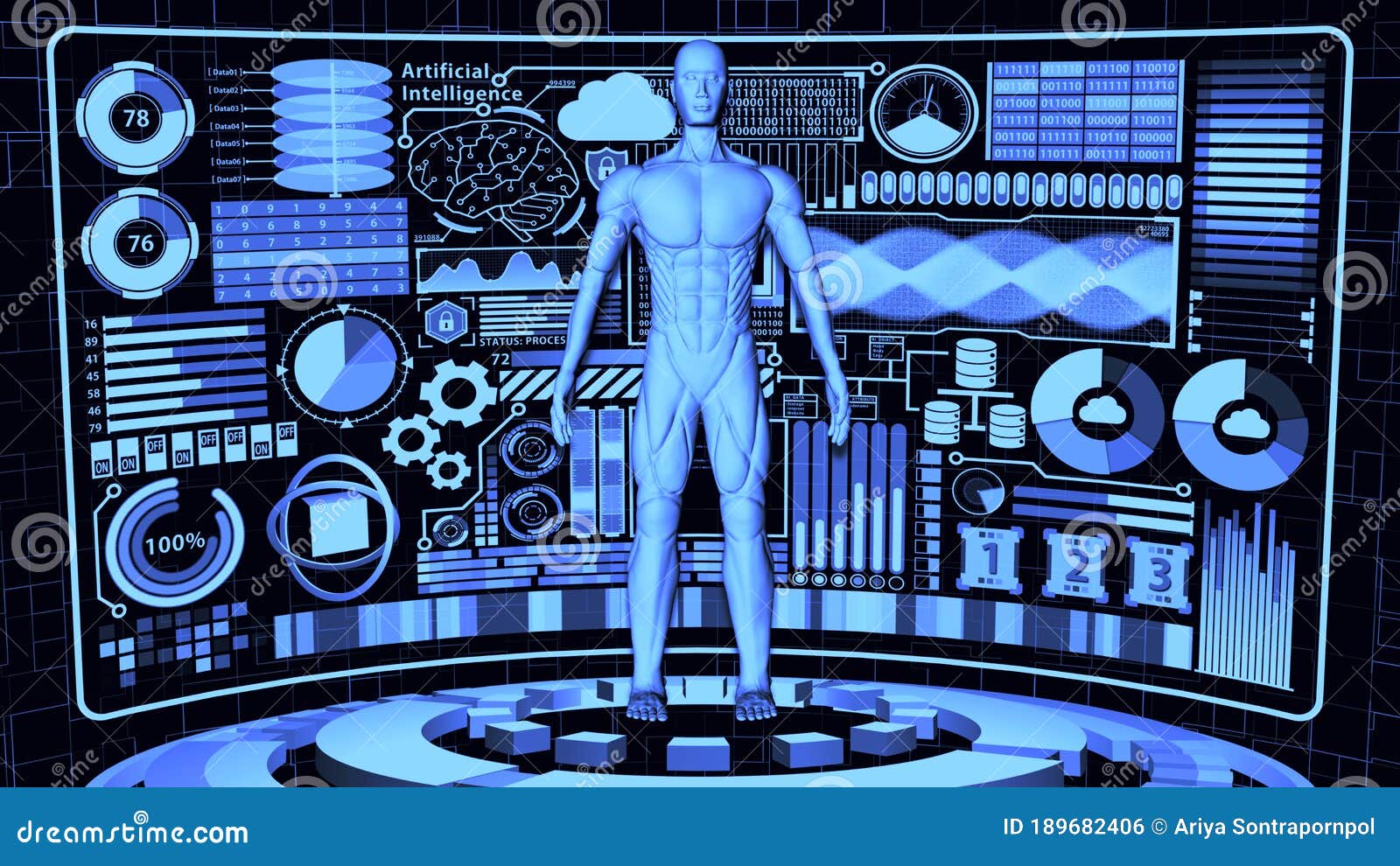 8k 3d rendered humanoid/human-like ai robot with futuristic detailed hud and digital circles base stand in abstract background