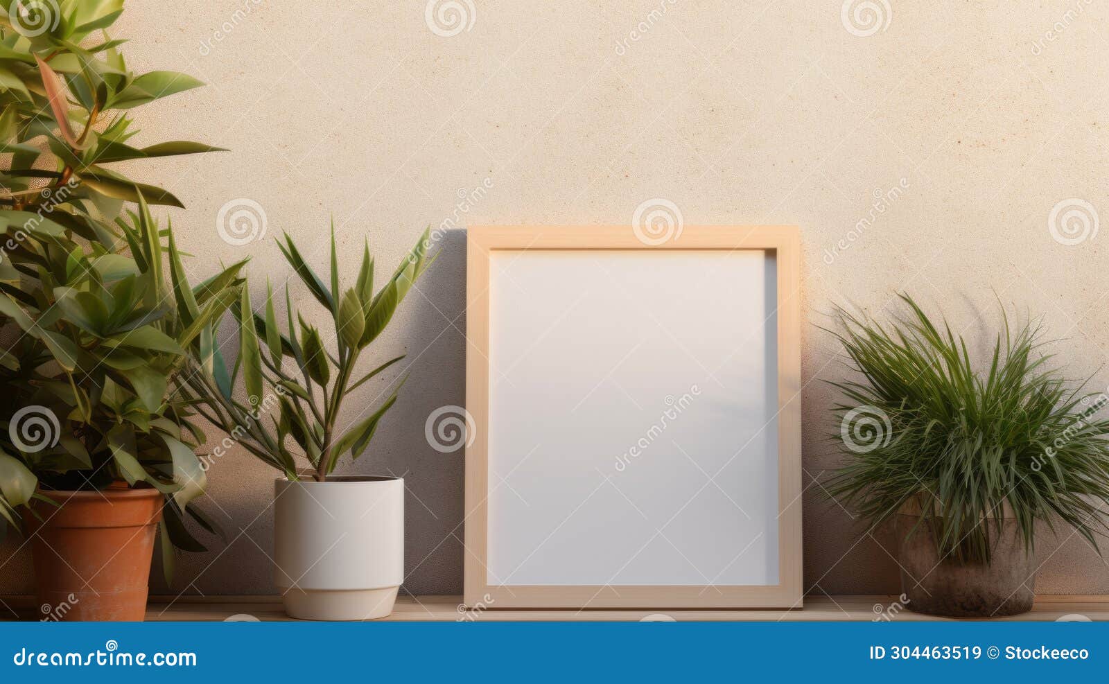 8k resolution poster frame with plants on wooden shelf