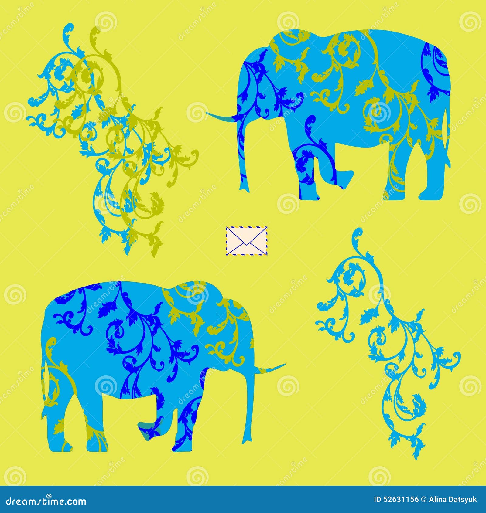 Kaart met olifanten. Gekleurde Vectorillustratie met het beeld van een envelop en twee olifanten met ornament