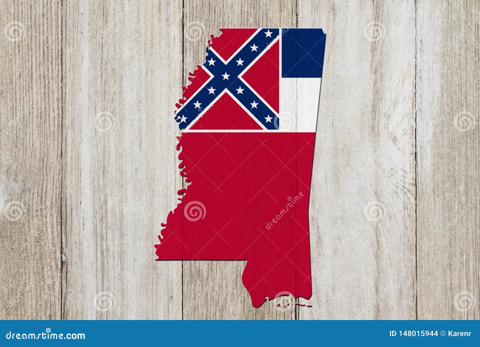 Kaart van de Mississippi in de de vlagkleuren van de Mississippi op doorstaan hout